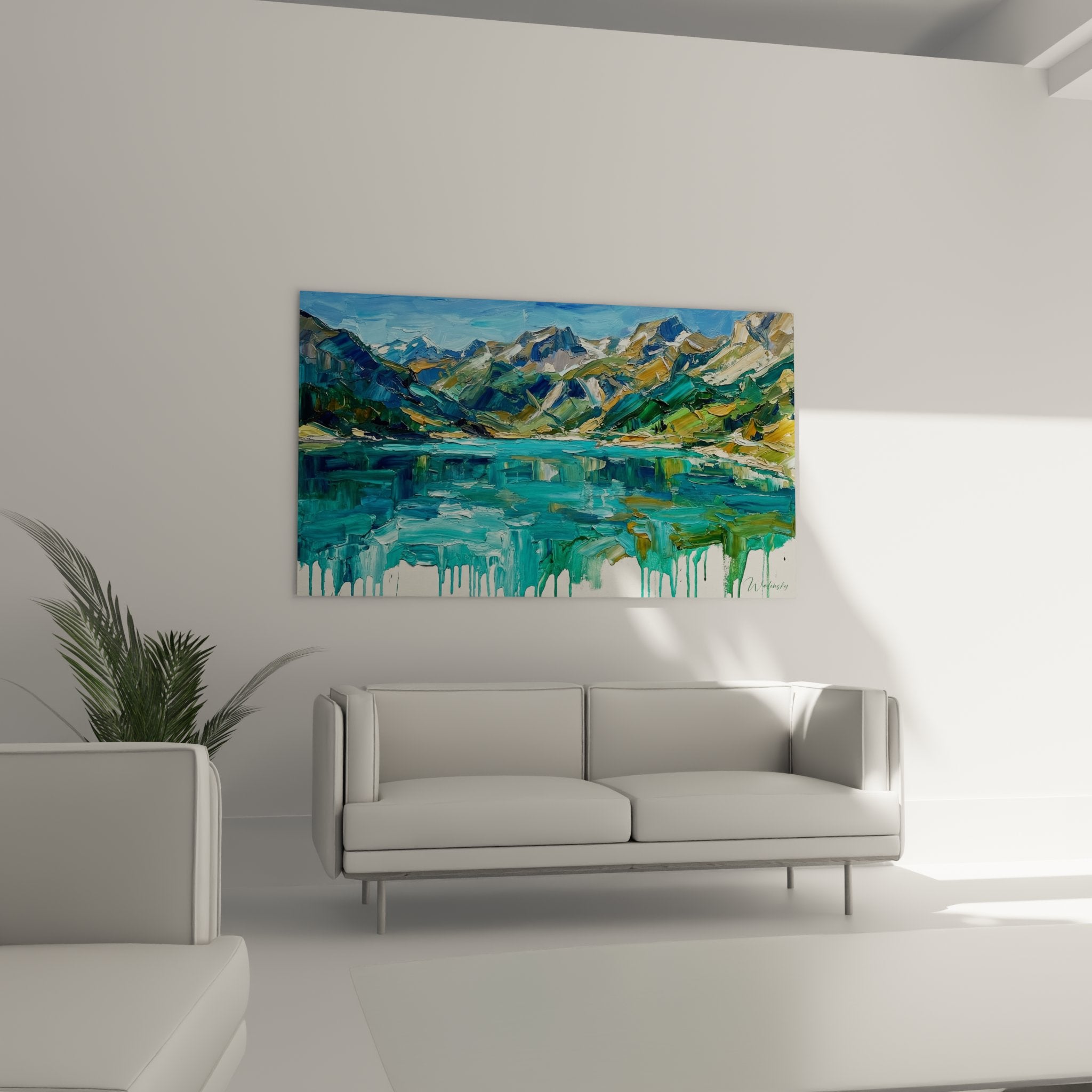 Lake mountain painting detail Savoie thick impasto technique vibrant colors