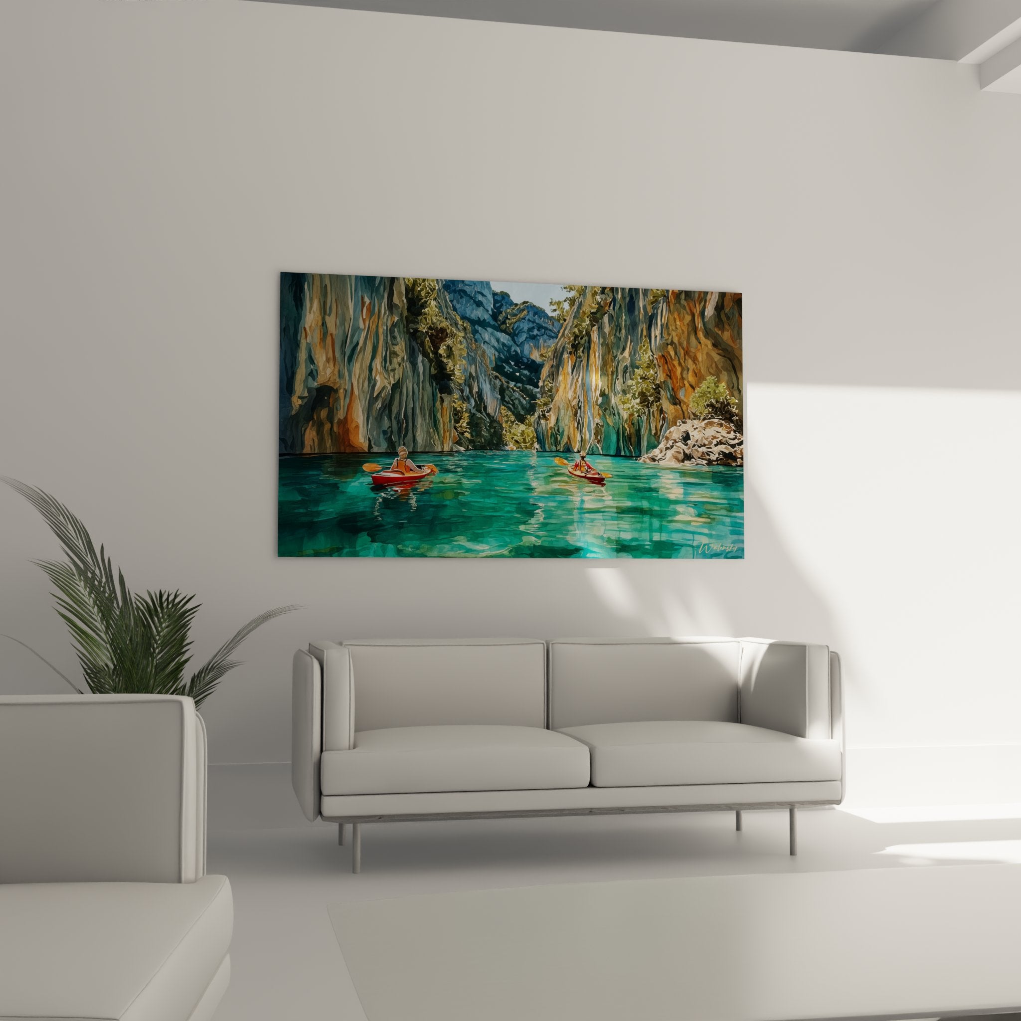 Détail tableau kayak Gorges du Verdon montrant reflets turquoise et technique picturale