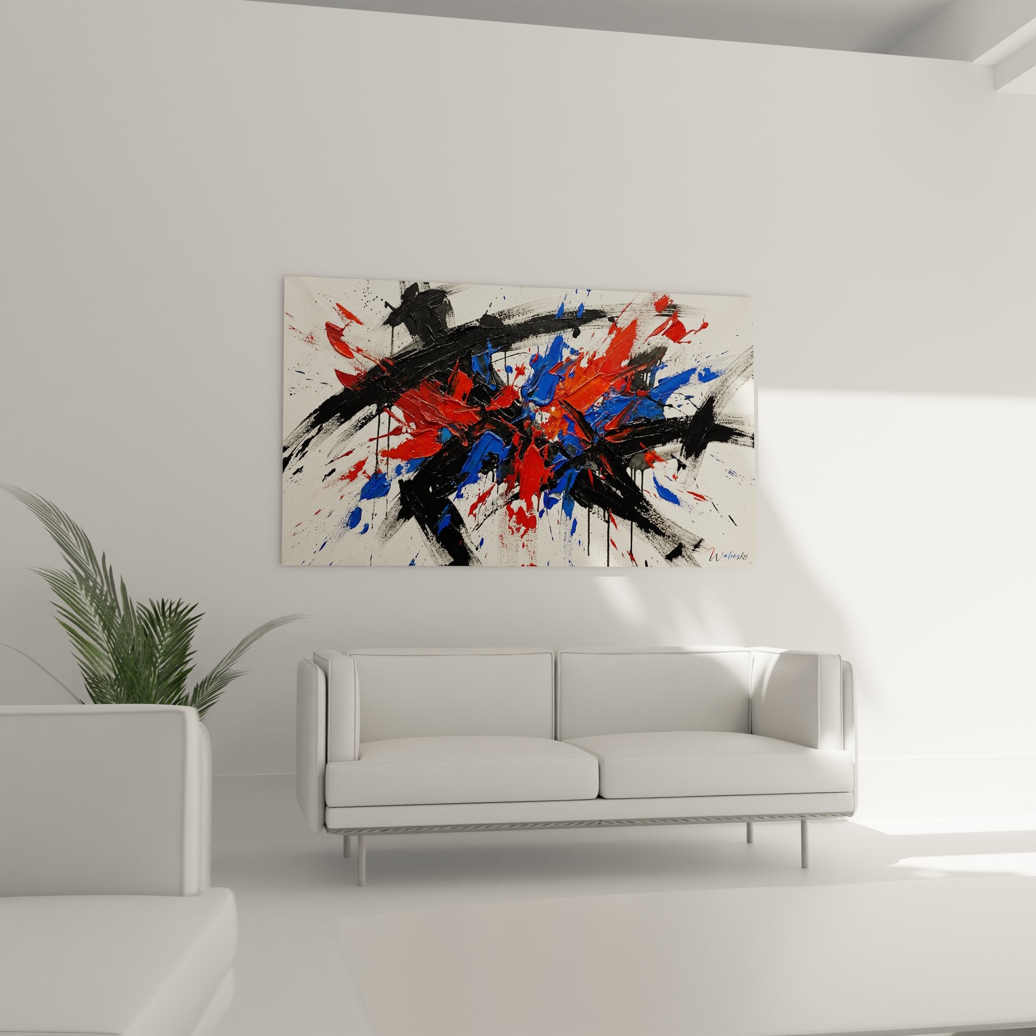 Detail texture tableau abstrait explosion, coups pinceau rouge bleu art football