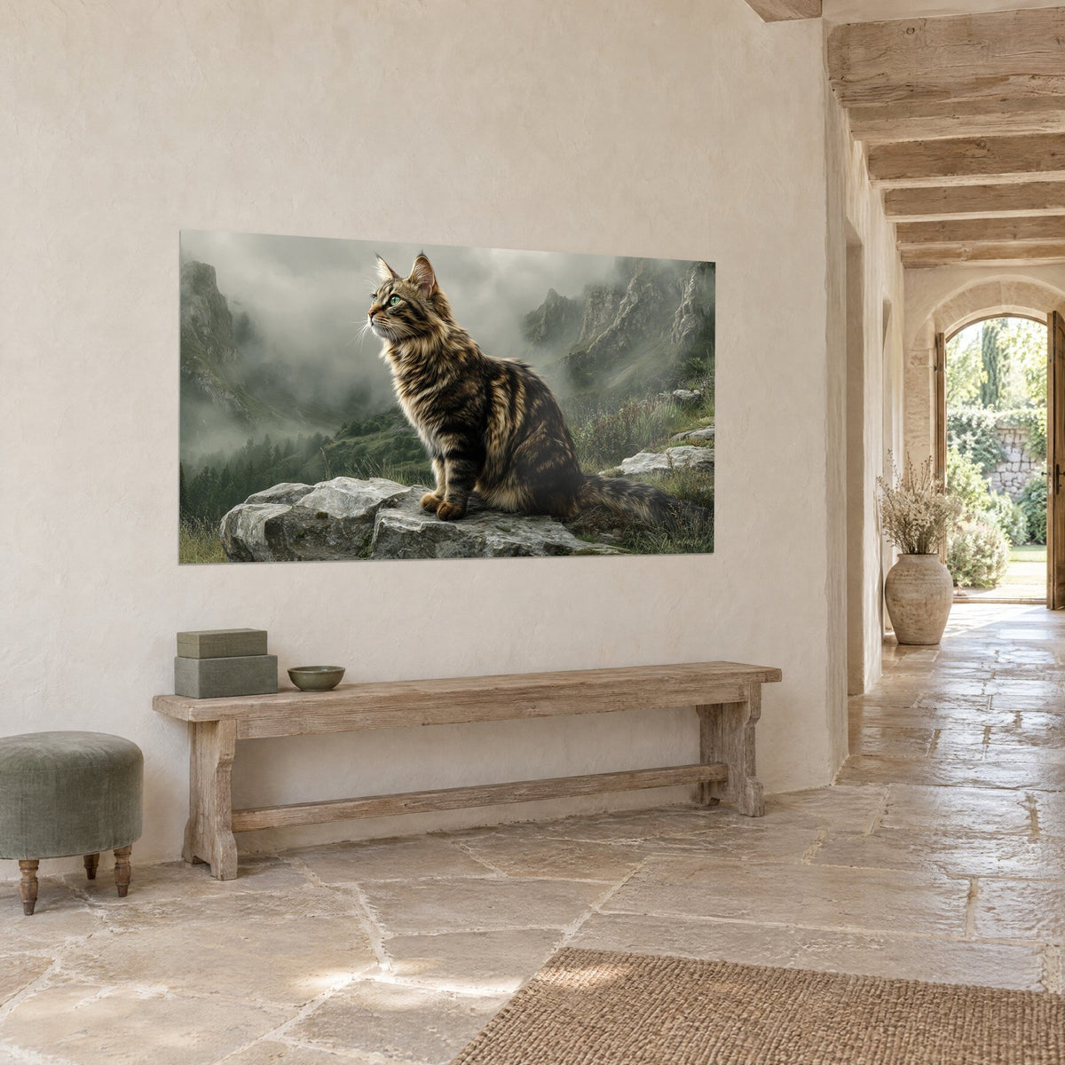 Cuadro gato rayado sentado de perfil sobre una roca, acantilados verde musgo envueltos en niebla gris, muro de piedra de una casa de campo