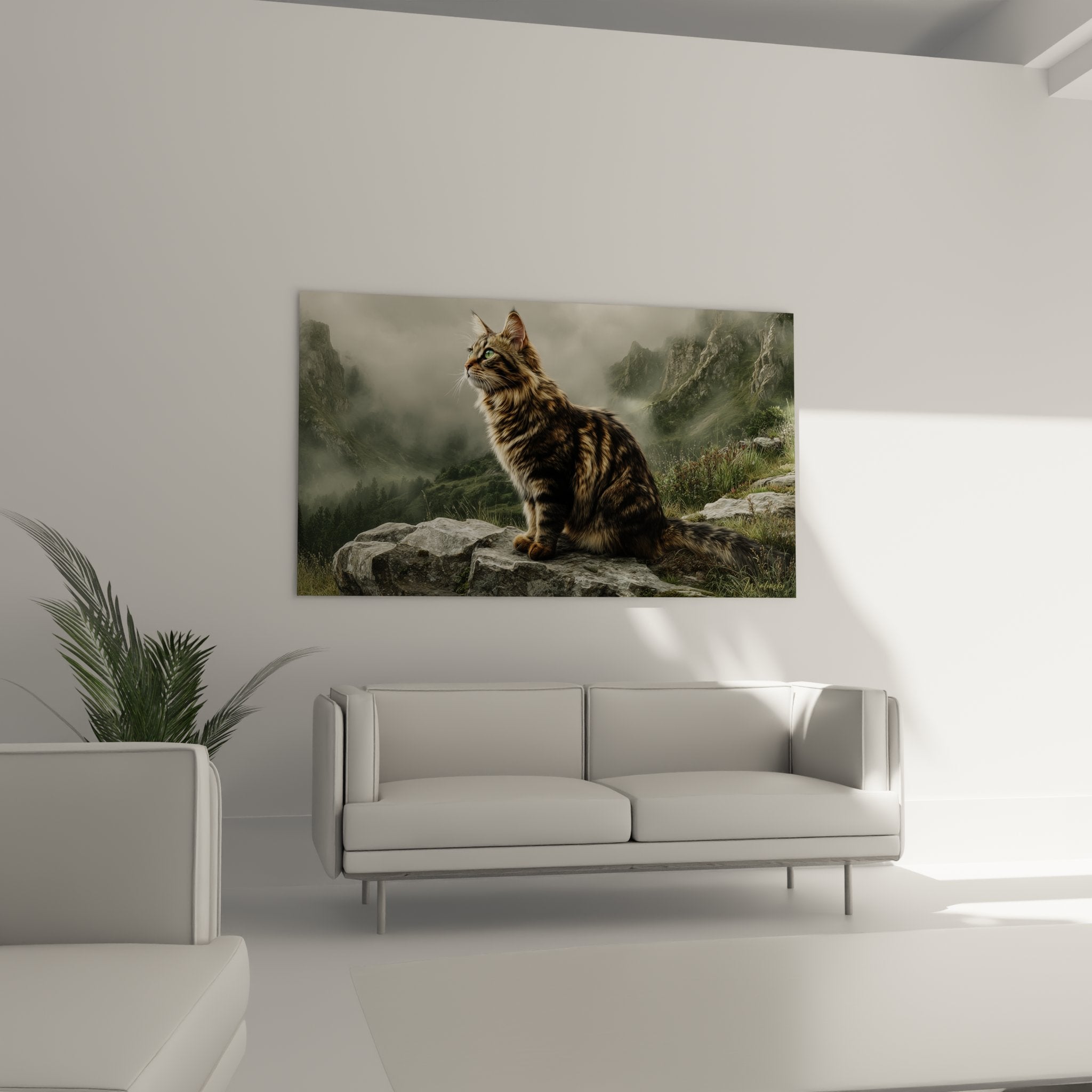 Détail portrait chat American Bobtail aux yeux verts, fourrure tabby réaliste sur toile artistique