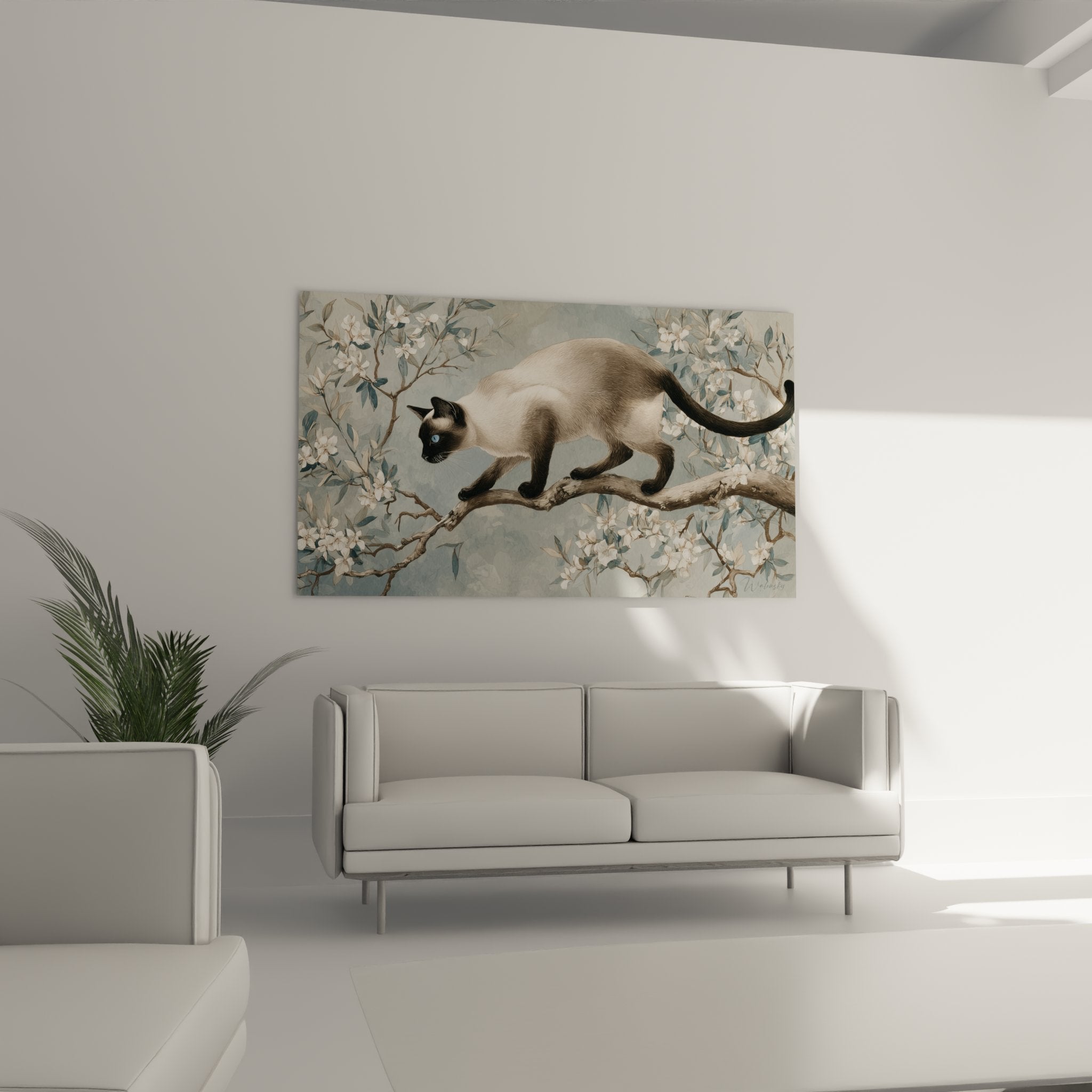 Primo piano gatto birmano occhi blu quadro artistico, dettagli mantello beige e fiori bianchi dipinti