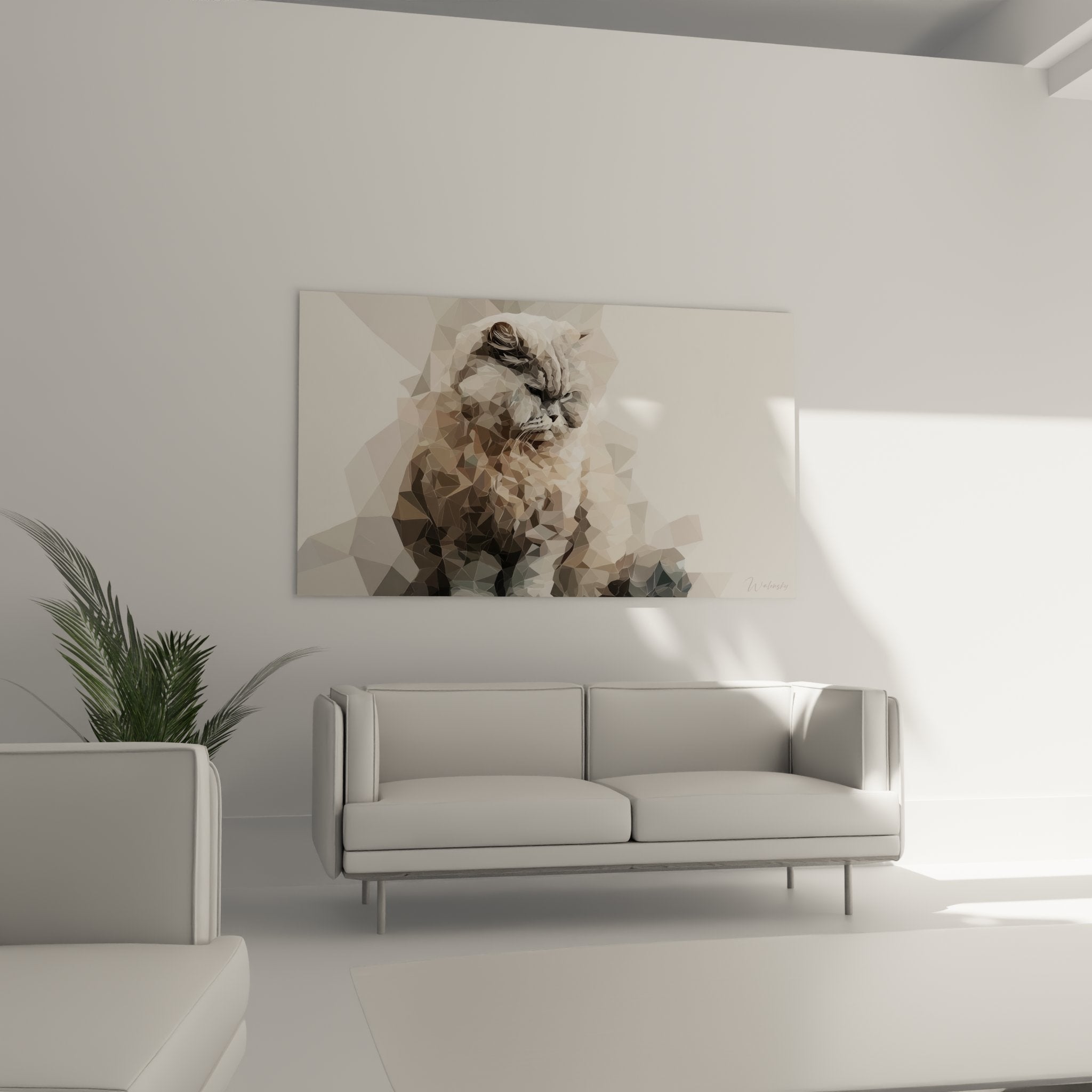 Nahaufnahme des polygonalen Katzenporträts Selkirk Rex mit geometrischen Facetten des lockigen Fells