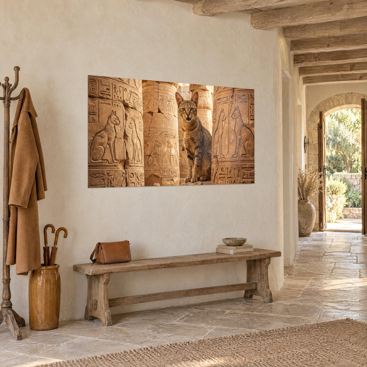 Gemälde Getigerte Katze in Beige und Braun, aus einem antiken Tempel tretend, dreiviertel Ansicht im Eingang eines Steinhauses