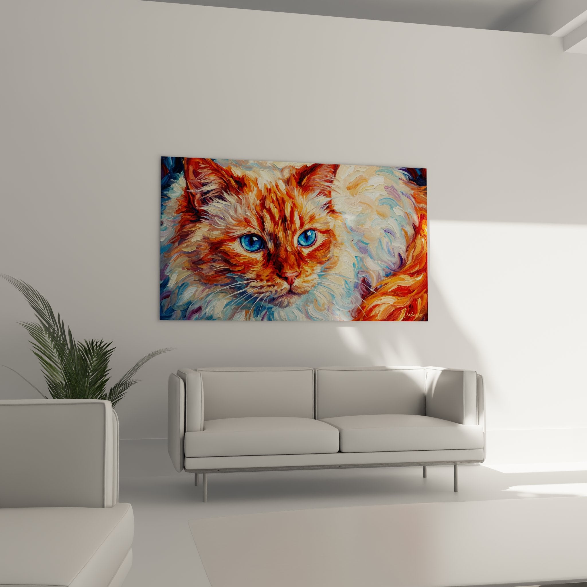 Detailaufnahme blaue Augen Himalaya-Katze, expressionistische Malerei mit dynamischen Pinselstrichen und warmen Farben