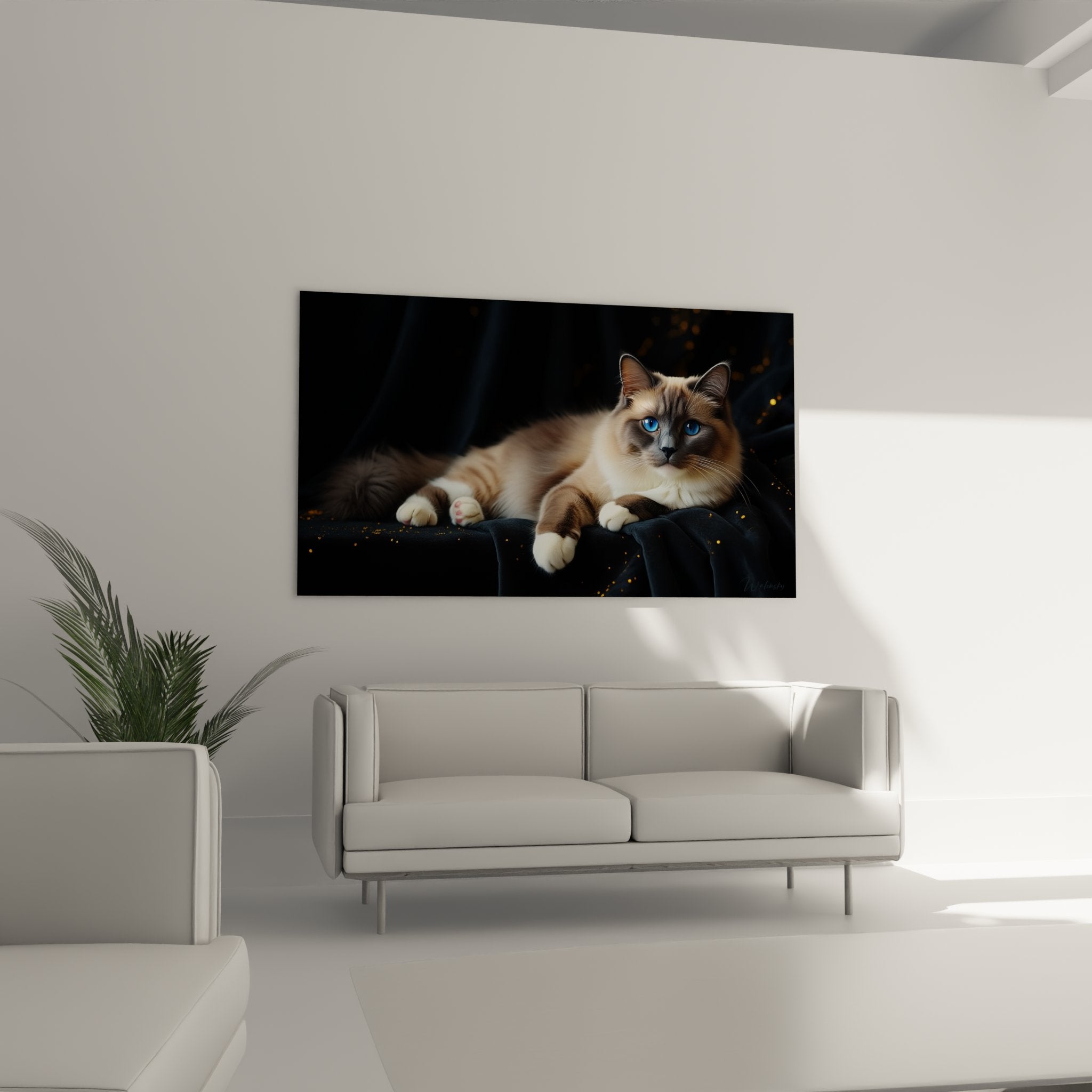 Close-up Birman cat with piercing blue eyes, silky coat details, artistic feline portrait high definition