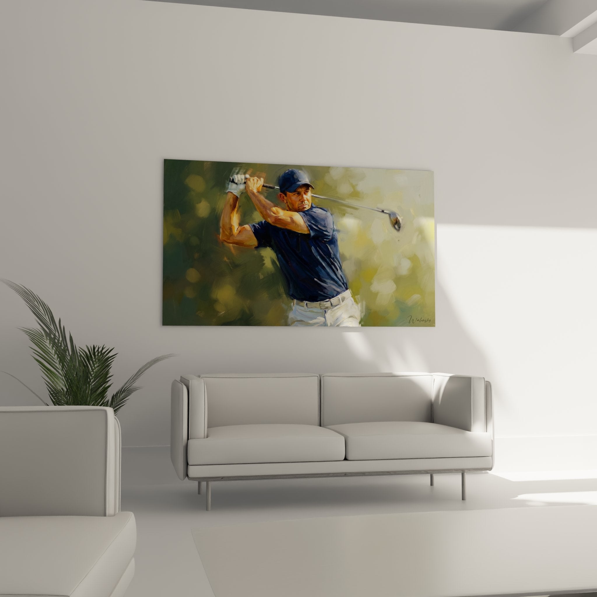 Détail tableau golf montrant la technique parfaite du swing et concentration du joueur