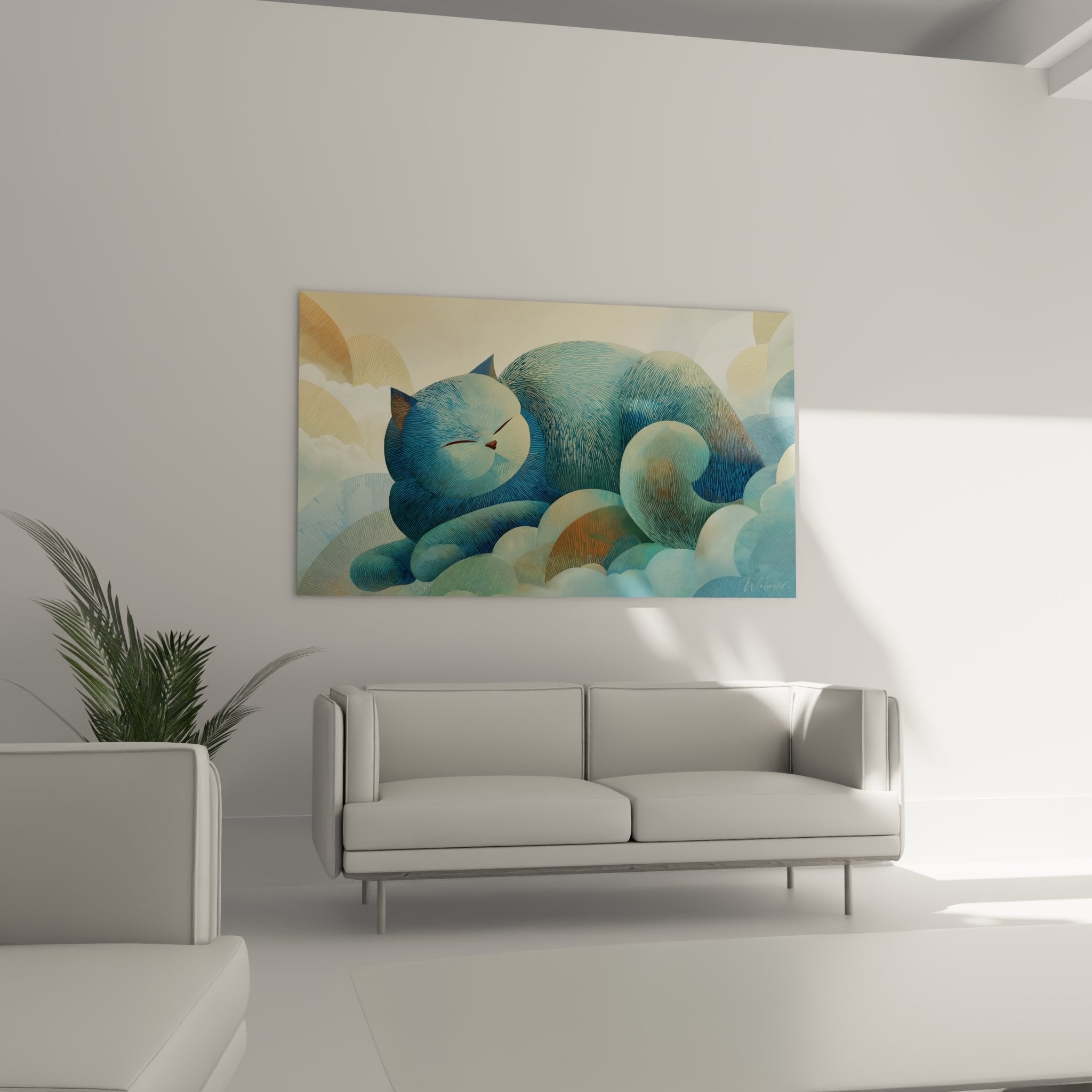 Gros plan tableau chat American Shorthair dormant, details artistiques nuages colores tons pastel