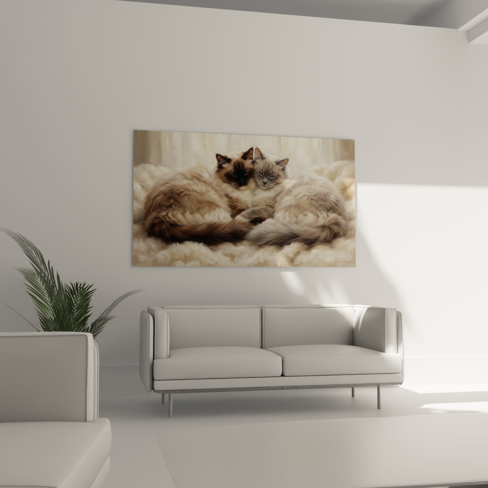 Dettaglio ravvicinato quadro gatti Ragdoll che mostra la texture del mantello setoso e l'espressione tenera dei felini