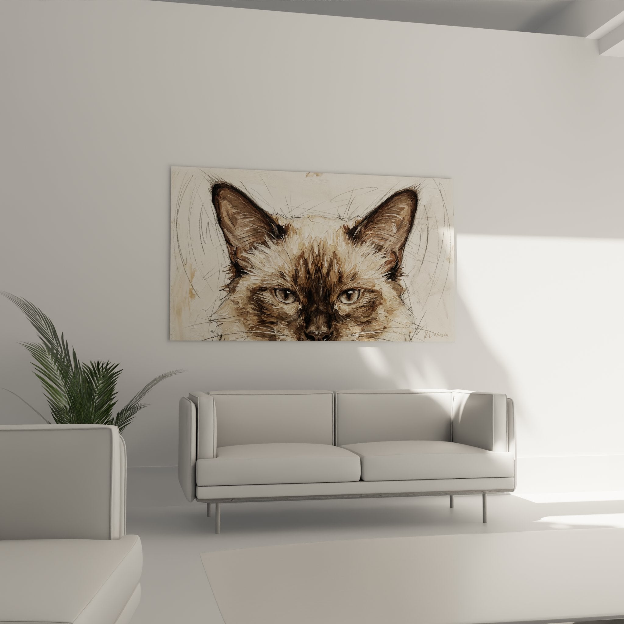 Dettaglio ravvicinato del dipinto gatto balinese che mostra la texture pittorica e lo sguardo espressivo dorato