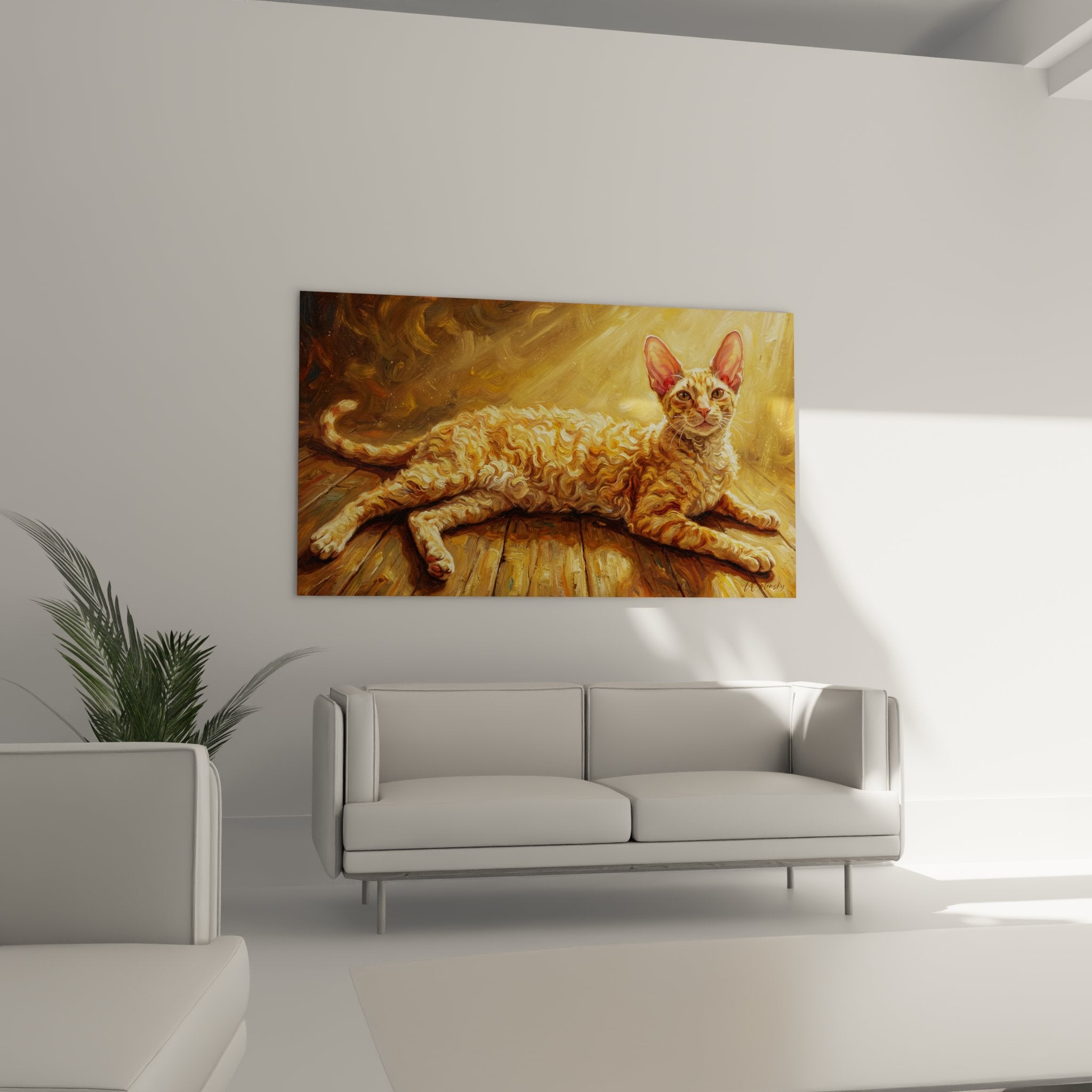 Detail rapproche peinture chat Cornish Rex grandes oreilles pelage ondule texture artistique realiste