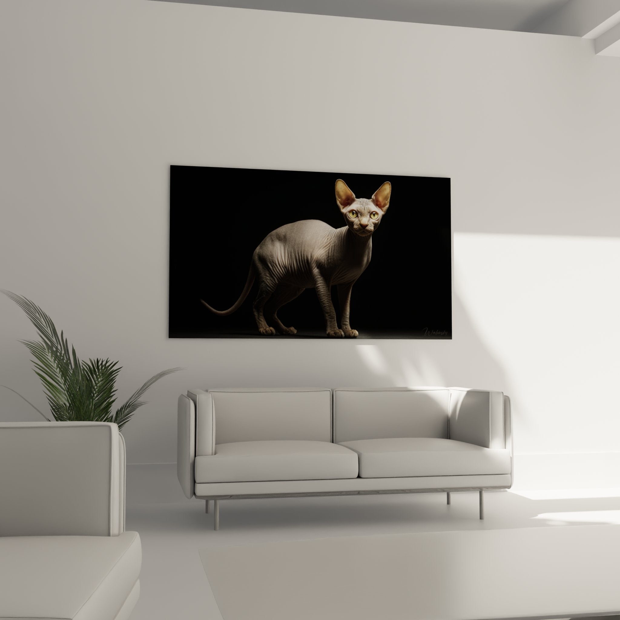 Close-up of Sphynx cat painting showing wrinkled skin details and piercing golden eyes, realistic feline art