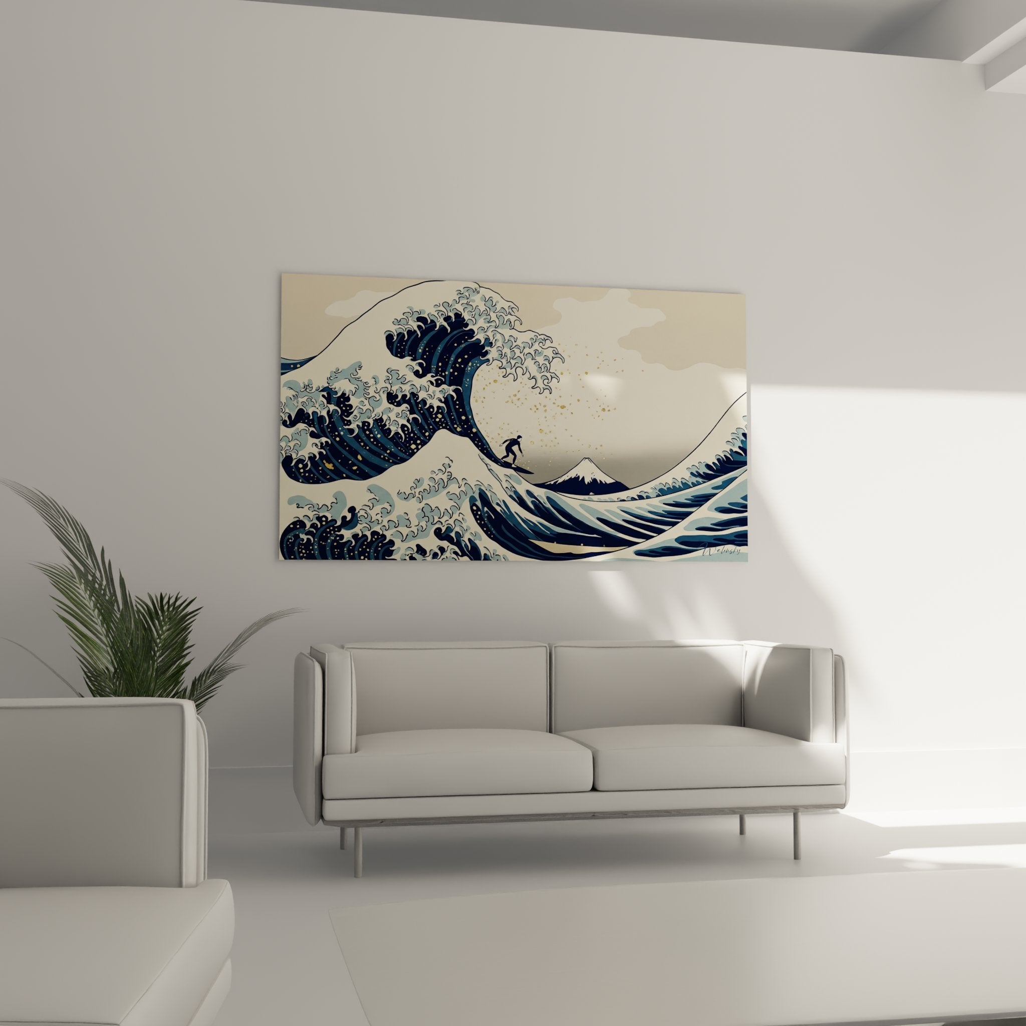 Detail Surfbrett-Gemälde japanische Welle, weißer Schaum und Surfer, Ozean Wandkunst