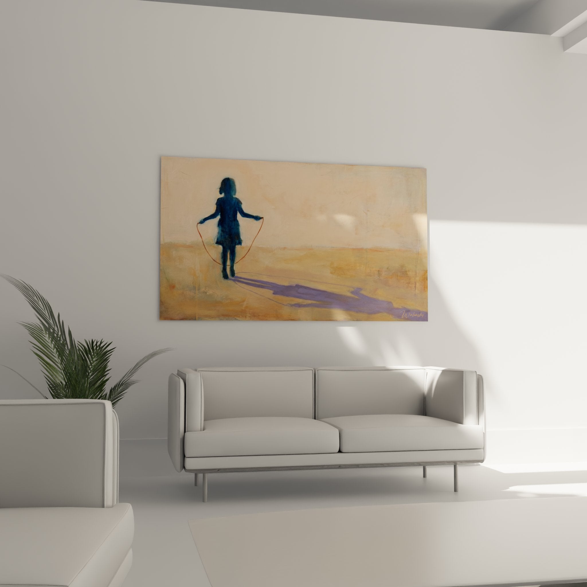 Close-up detail of the artwork showcasing the painting technique and blue and ochre color nuances