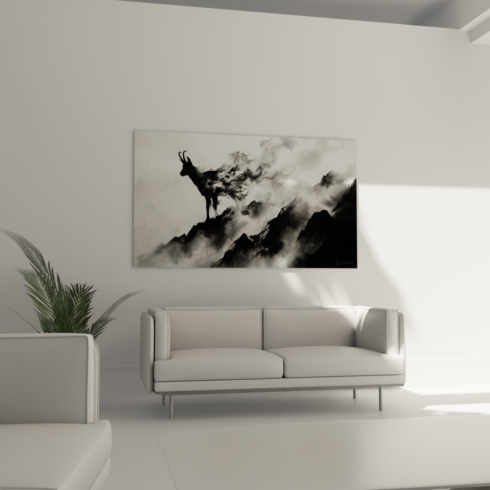 Detail of the Alpine ibex artwork, black and white artistic technique with mist and cloud effects