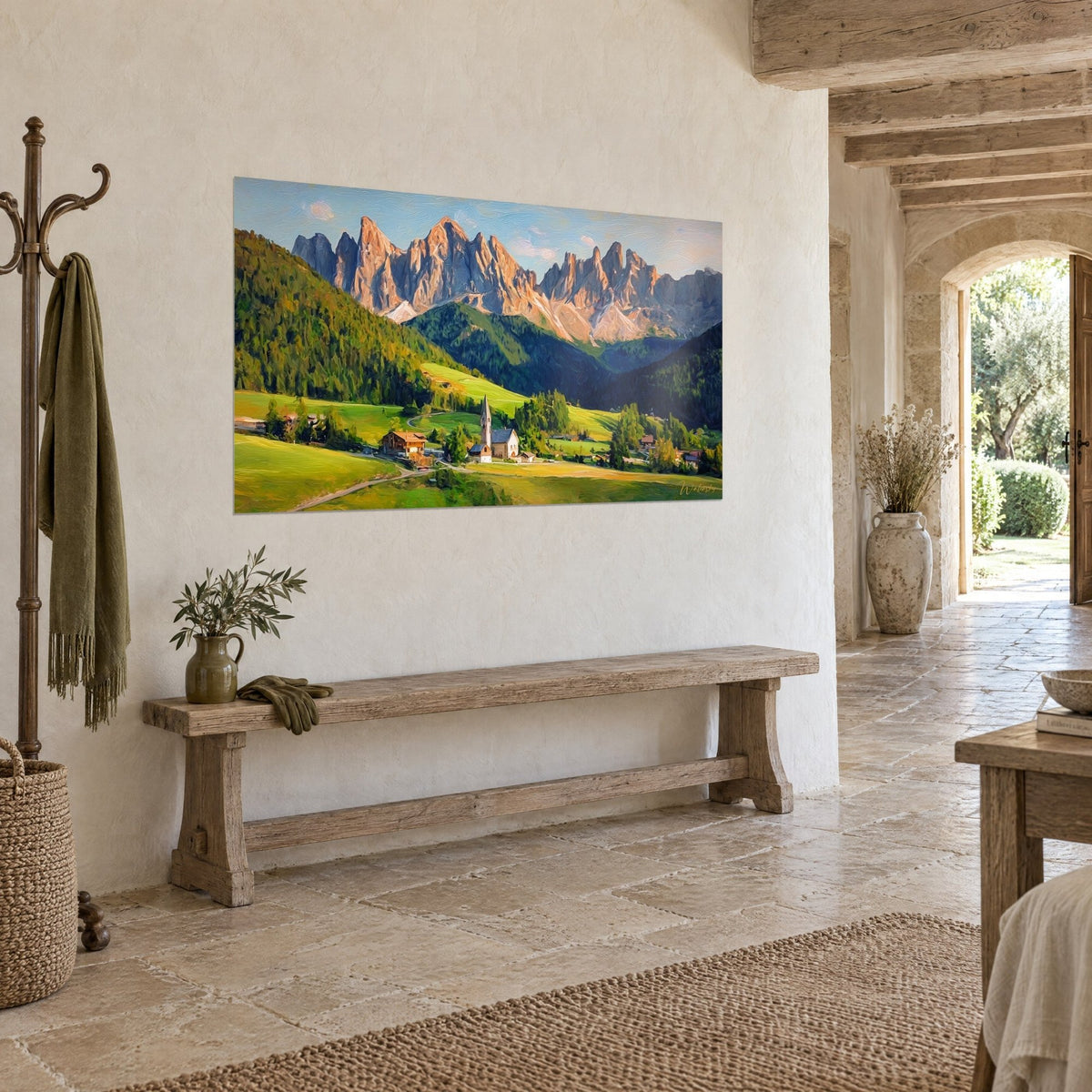 Wall art jagged Dolomites summits in orange and ochre, deep green forest, small church with a pointed spire, in a stone house