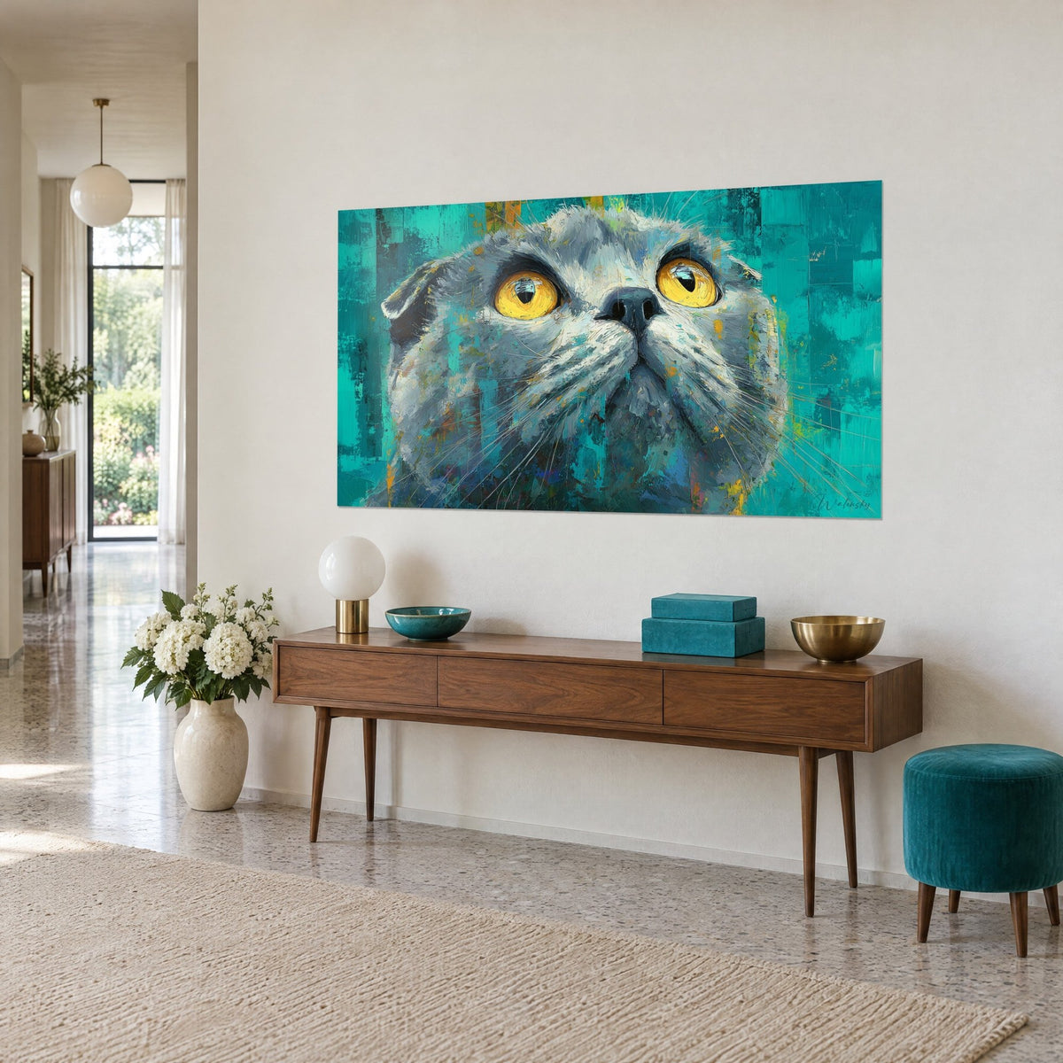 Tableau Scottish Fold au pelage gris bleuté et aux prunelles dorées, museau noir sur fond turquoise, sur un mur beige de couloir