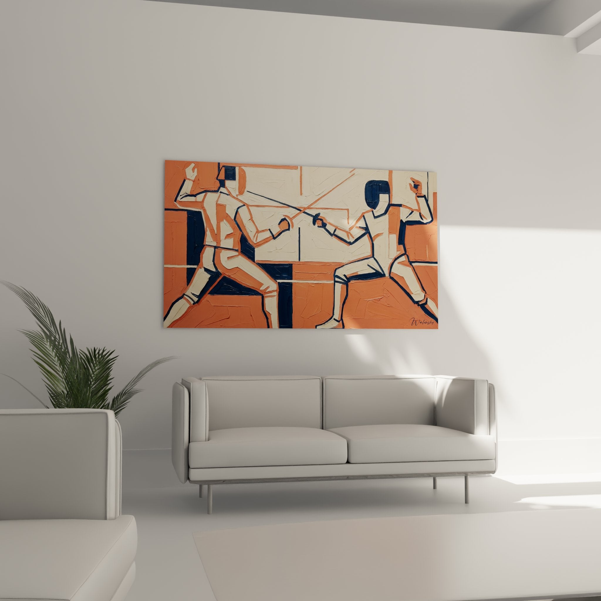 Fencing cubist painting detail geometric shapes sword fighters contemporary art orange blue textured