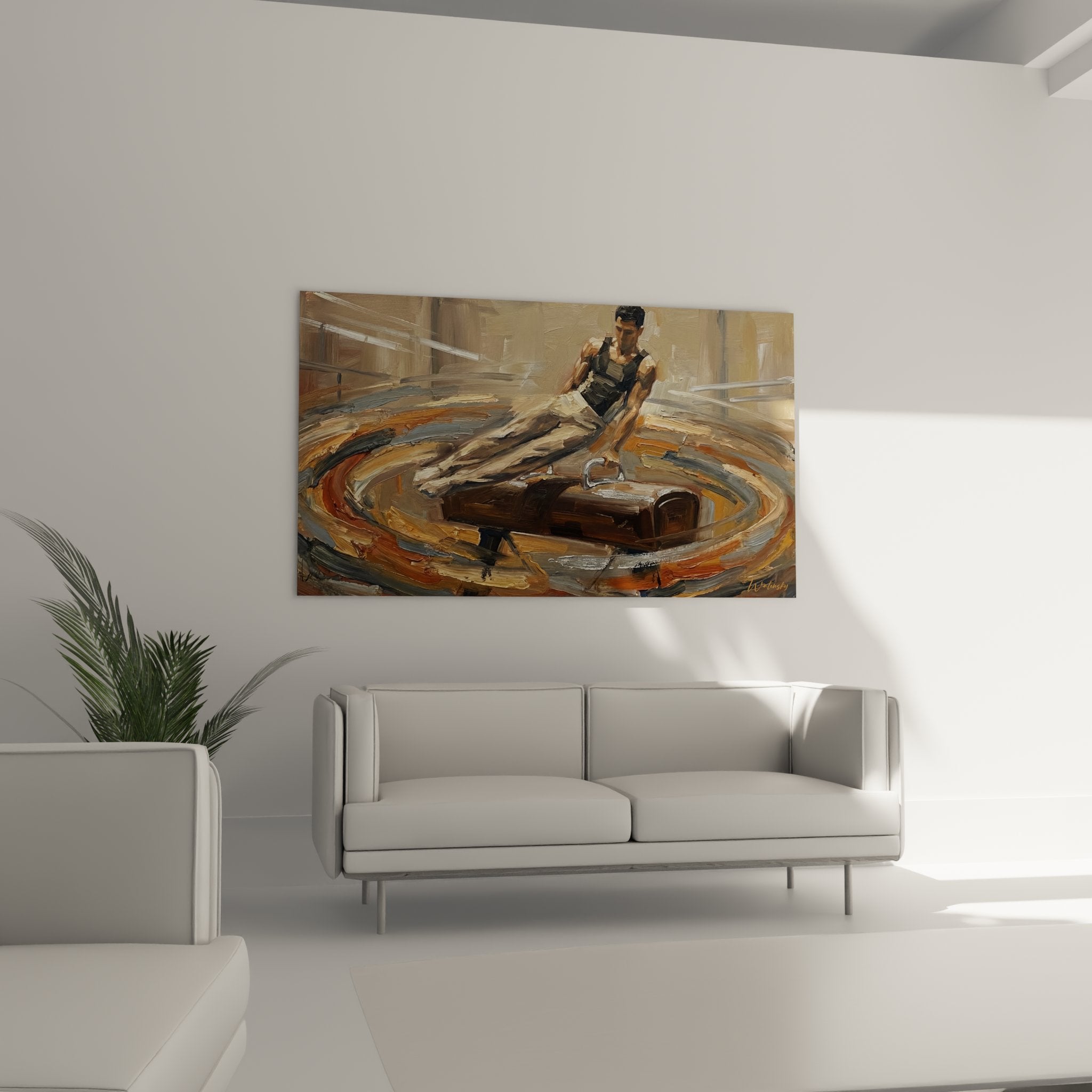 Détail peinture gymnaste anneaux montrant la technique de pinceau expressionniste et les muscles de l'athlète