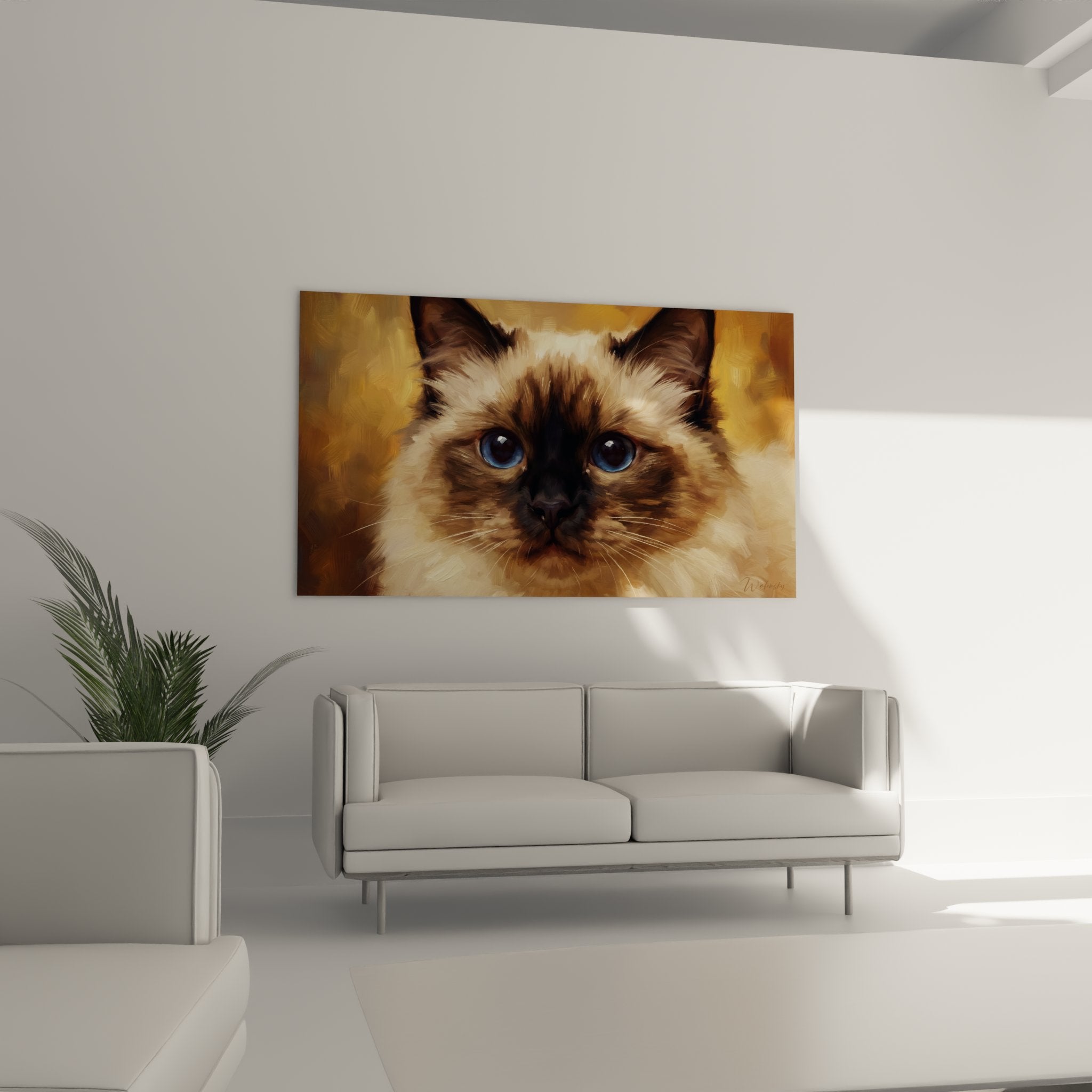 Primo piano dettagliato del quadro gatto birmano, occhi blu affascinanti e mantello setoso dipinto con realismo
