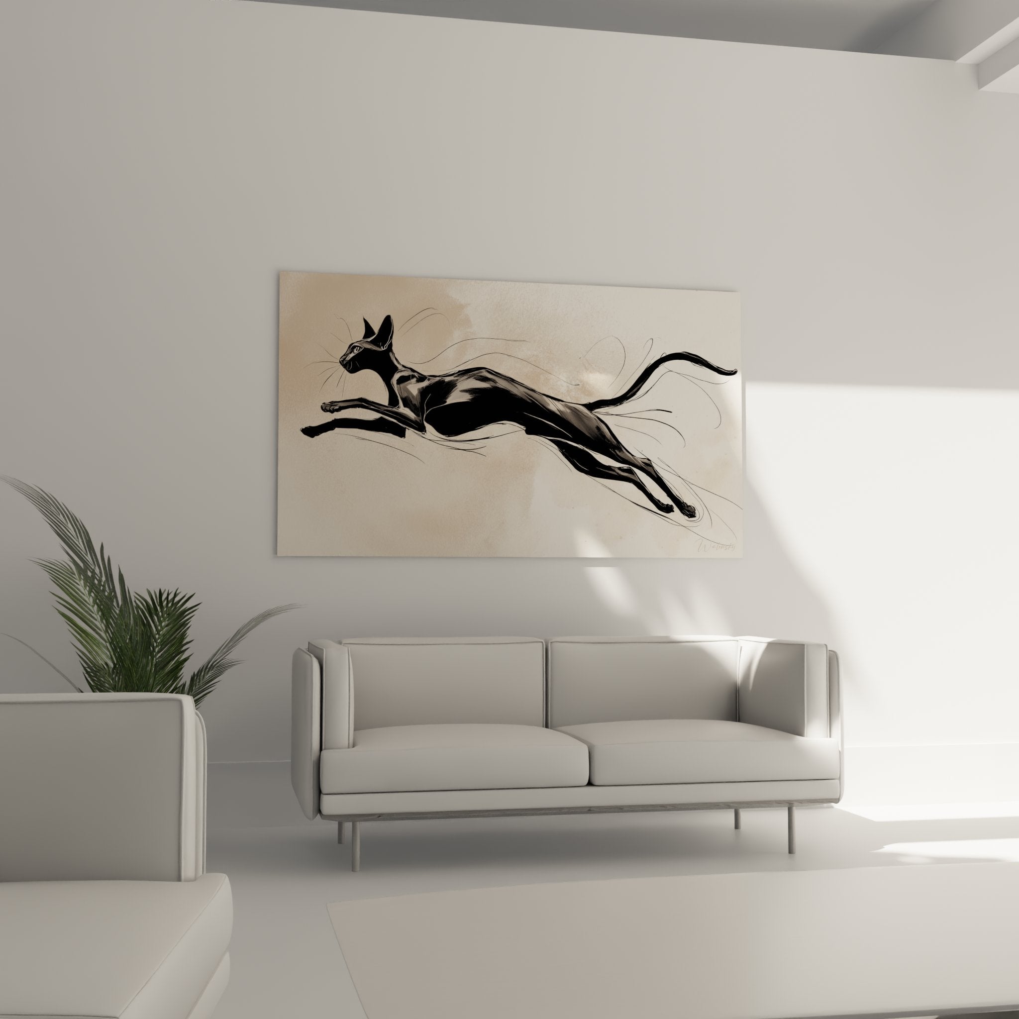 Détail rapproché tableau Oriental Shorthair montrant technique pinceau et texture peinture chat en mouvement