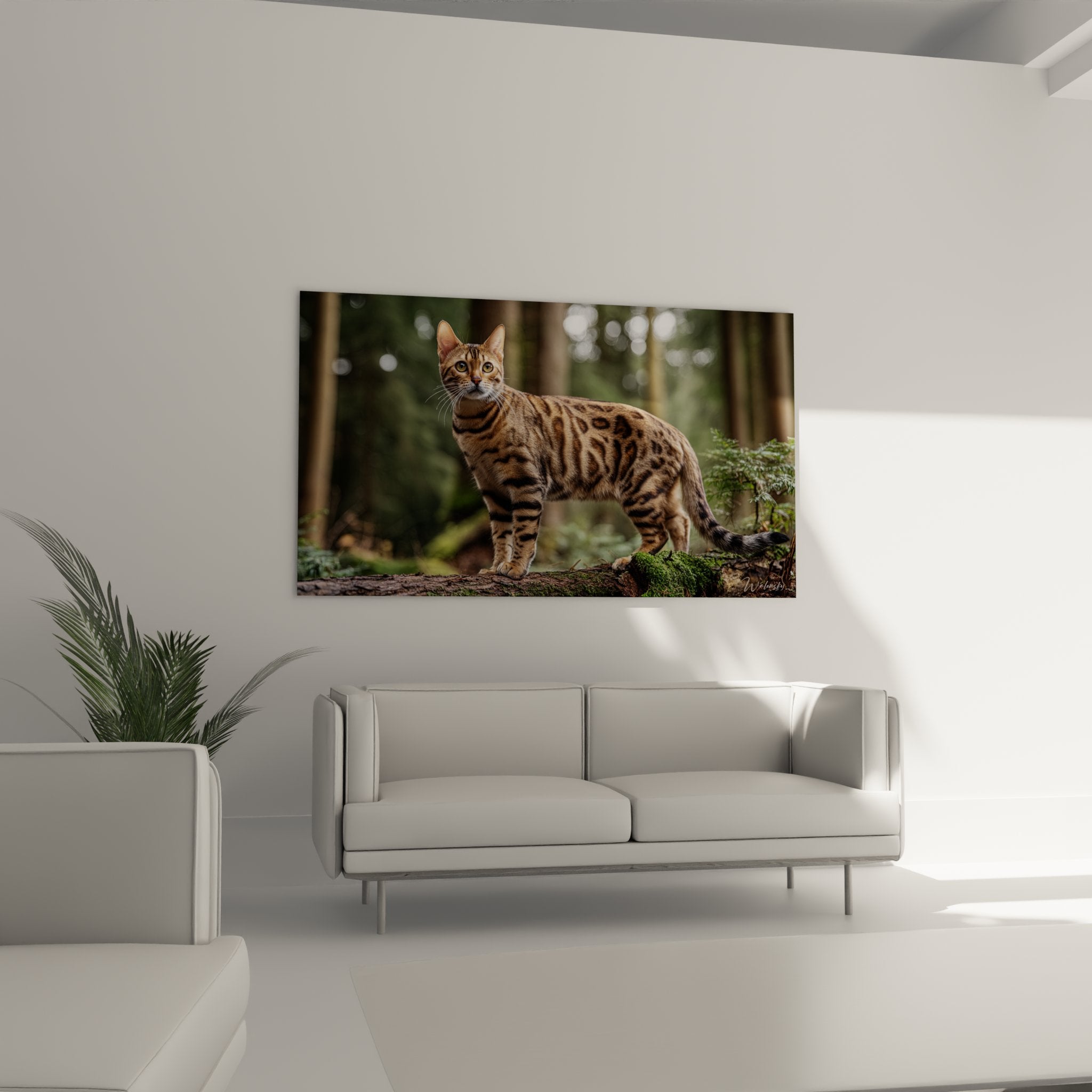 Gros plan tableau Bengal, détails pelage tacheté et yeux verts, qualité impression premium