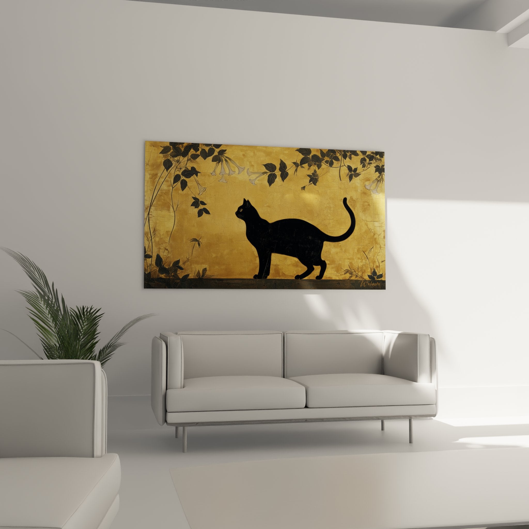 Detail tableau chat noir profil fond dore texture craquelée motifs vegetaux style asiatique