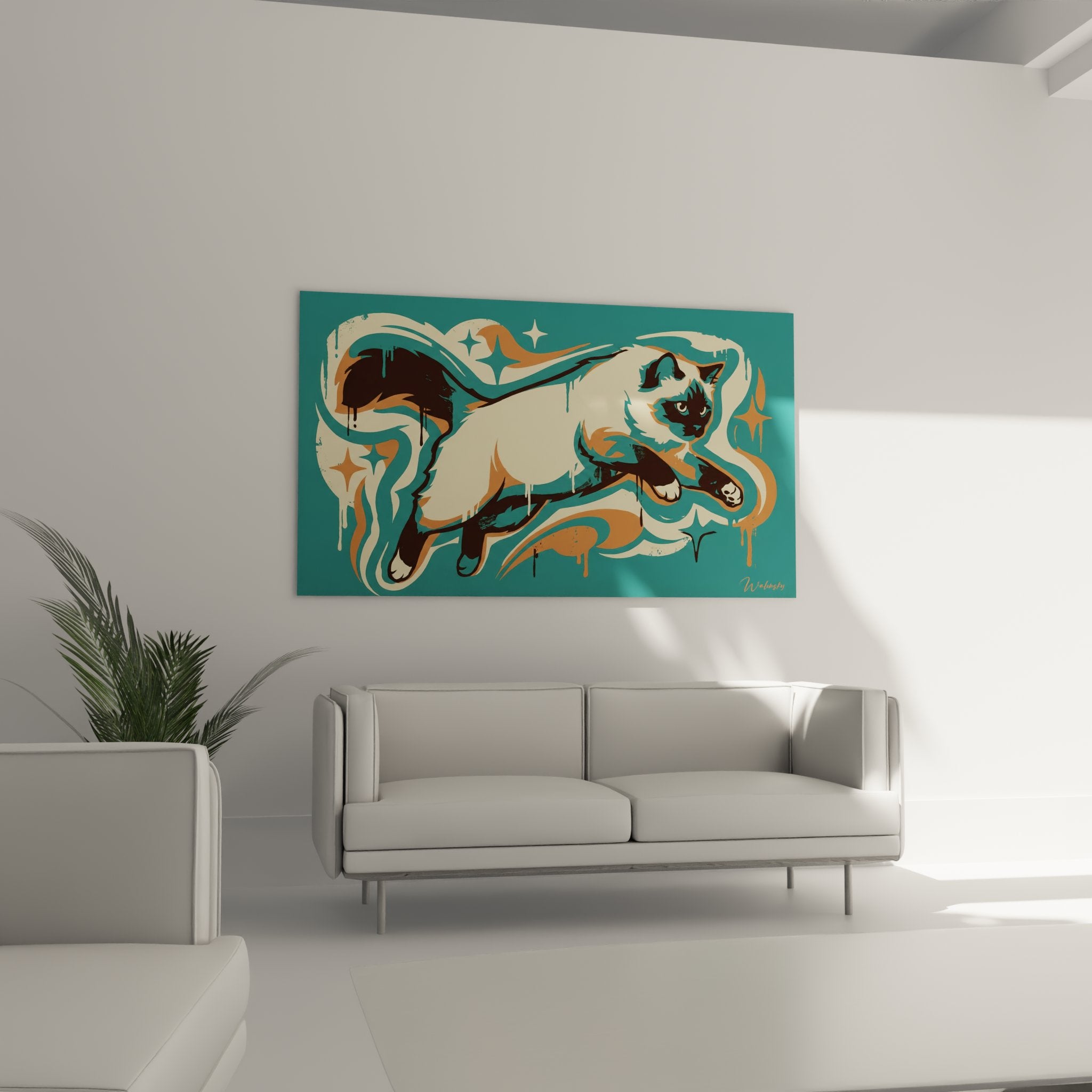 Dettaglio quadro gatto Birmano artistico colori turchese arancione tecnica street art fluidi organici stelle