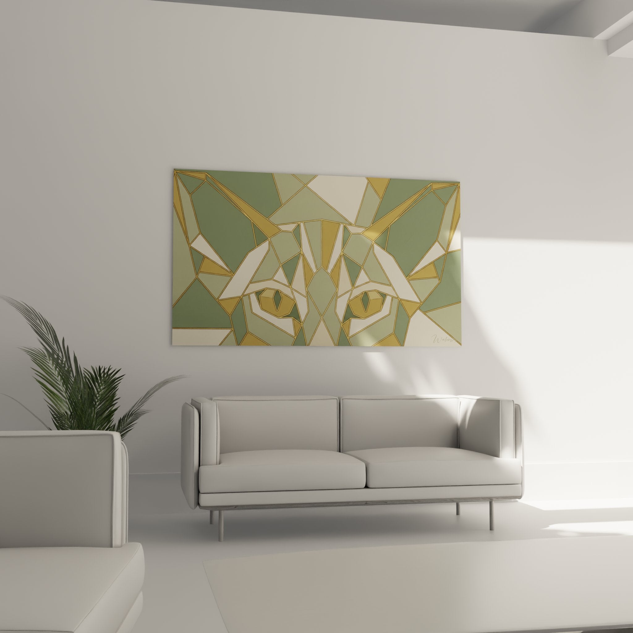 Detailed portrait of Oriental Shorthair cat with expressive eyes and golden geometric faceted polygons