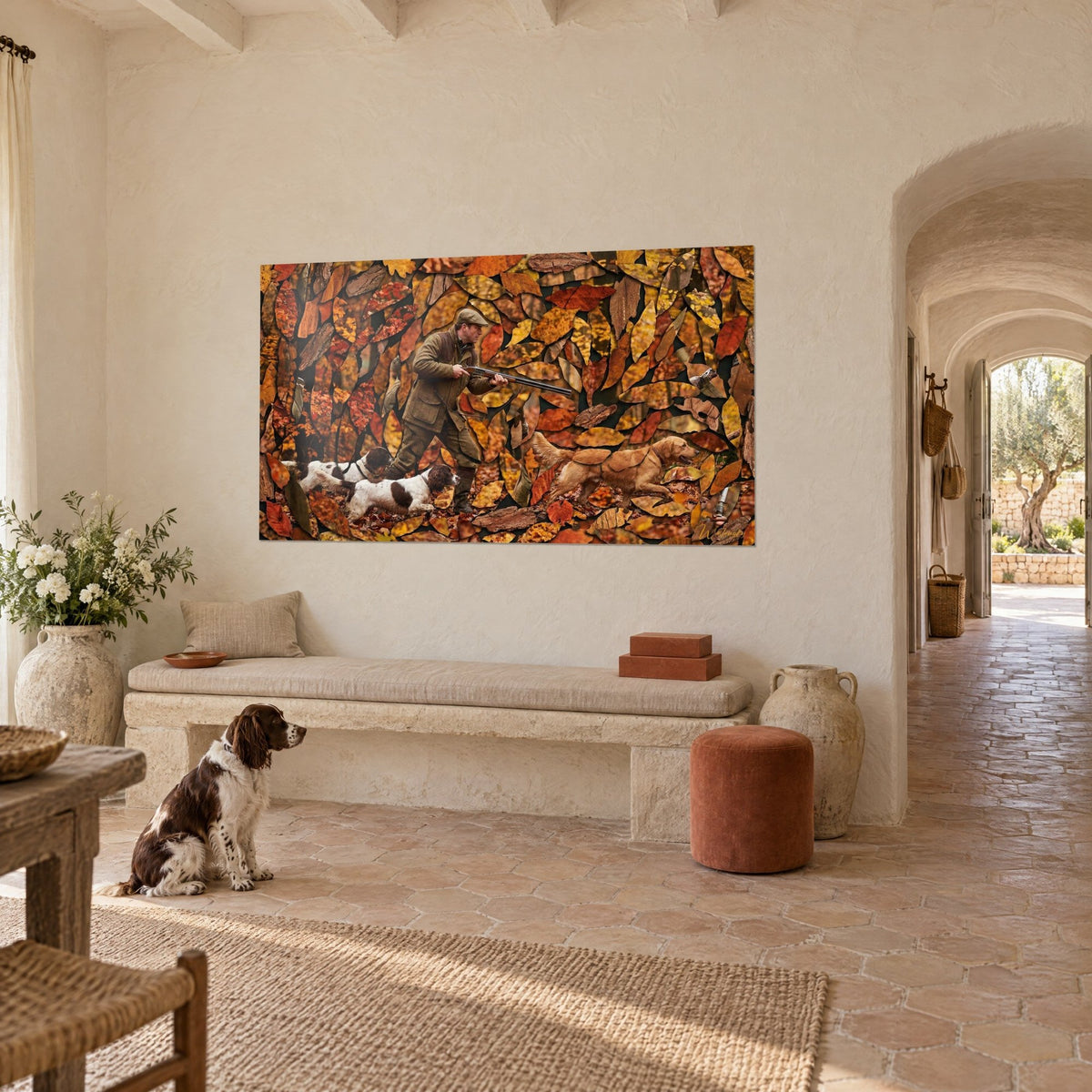 Wall art gentleman in a flat cap with pointer dogs, mosaic of russet and golden ochre leaves, a seated spaniel in front of a stone bench