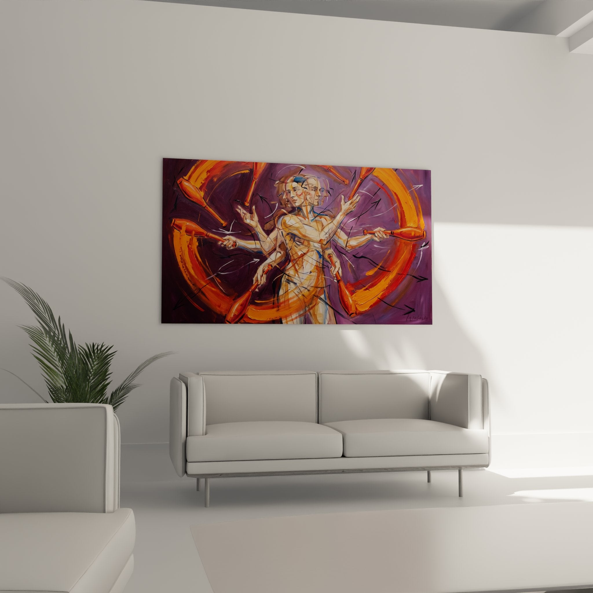 Detail tableau jongleur cirque montrant technique peinture abstraite et objets de jonglage artistiques