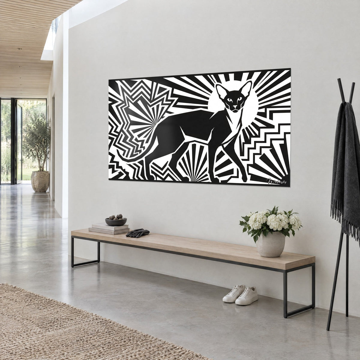 Tableau silhouette féline Art déco en noir et blanc, grandes oreilles pointues, zigzags graphiques, vue de trois-quarts au-dessus d'un banc en bois