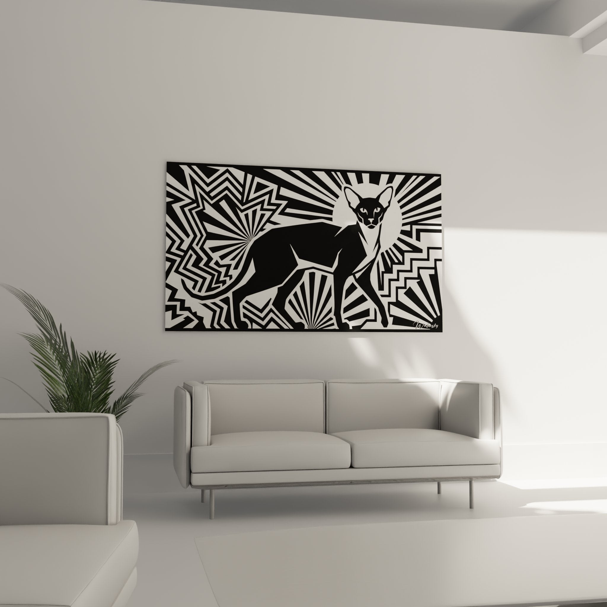 Dettaglio quadro gatto Oriental Shorthair motivi geometrici radianti chevron stile art deco minimalista