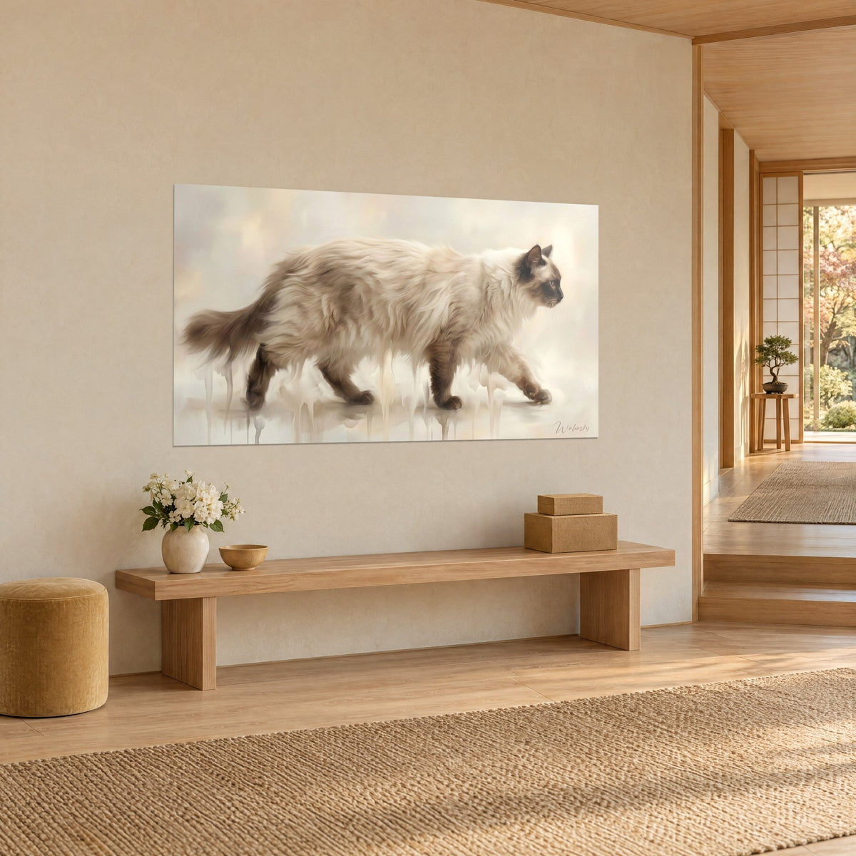 Cuadro felino de pelo largo beige y chocolate, cola peluda hacia atrás, goteos blancos, sobre un muro japandi en tres cuartos