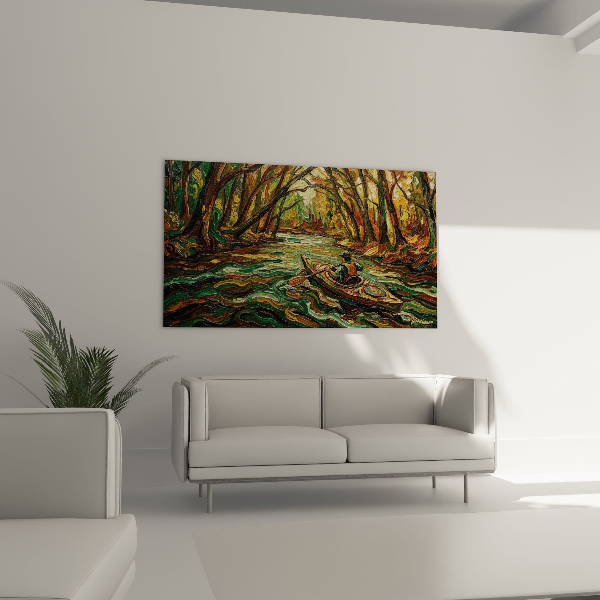 Détail tableau kayak peinture impressionniste coups pinceau expressifs couleurs automnales rivière forêt