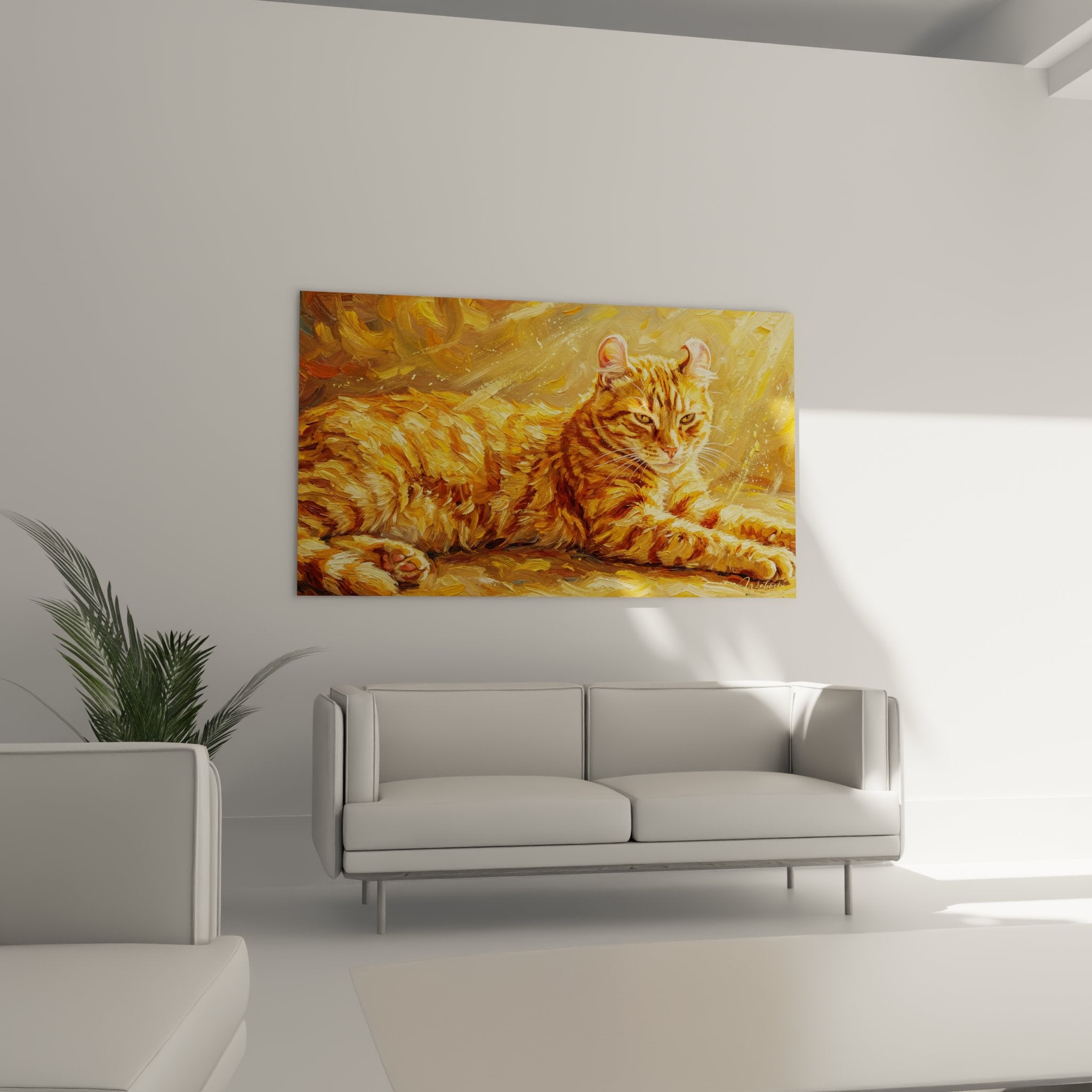 Dettaglio primo piano quadro gatto American Curl, texture pennellata visibile, mantello tigrato rosso-dorato in tonalità dorate