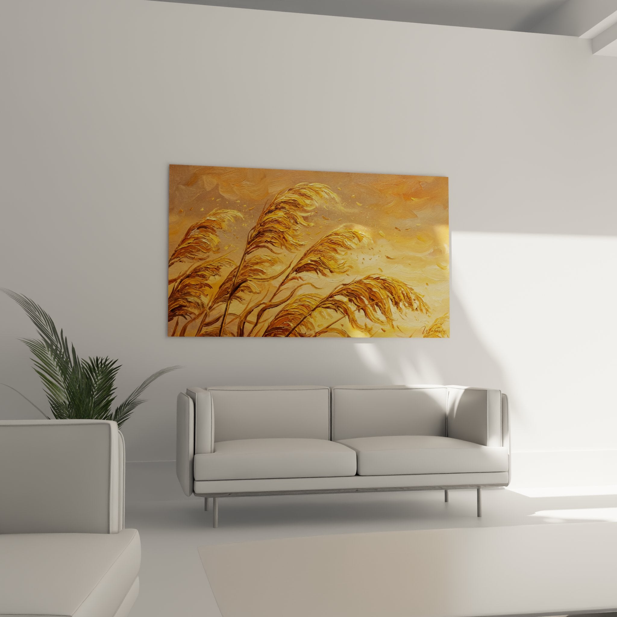Detail of golden reeds painting, impasto technique, dynamic brushstrokes in copper tones