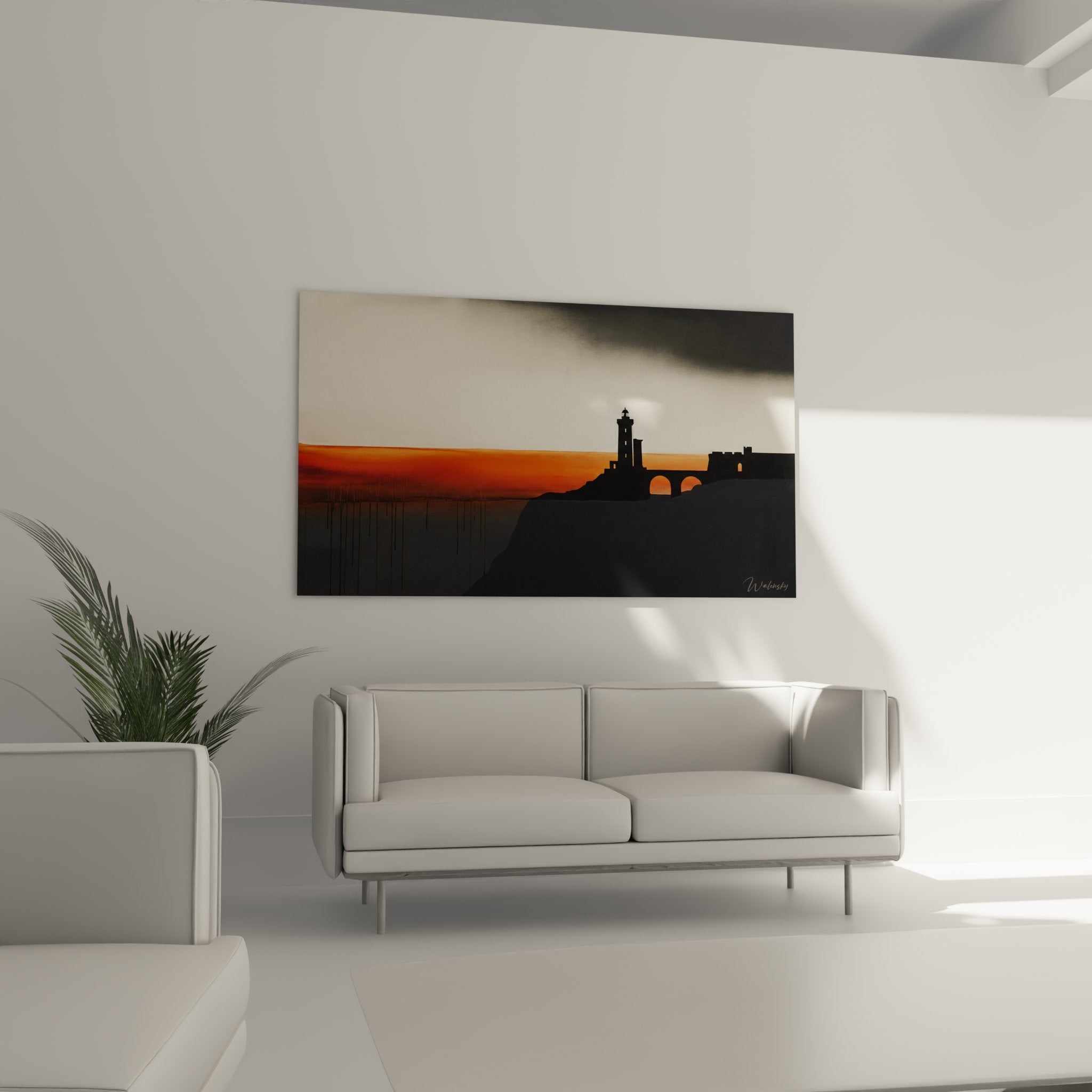 Detail tableau phare breton architecture maritime silhouette noire contre ciel orange crepusculaire