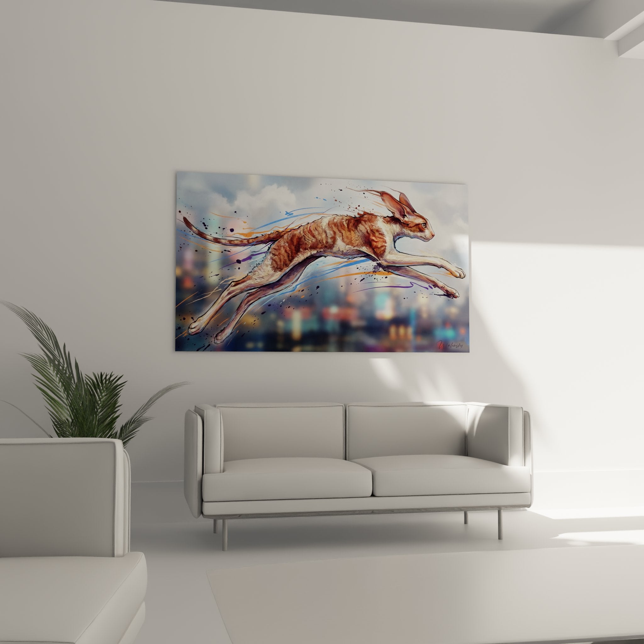 Dettaglio quadro gatto Cornish Rex che mostra la tecnica artistica e la texture del manto ondulato caratteristico