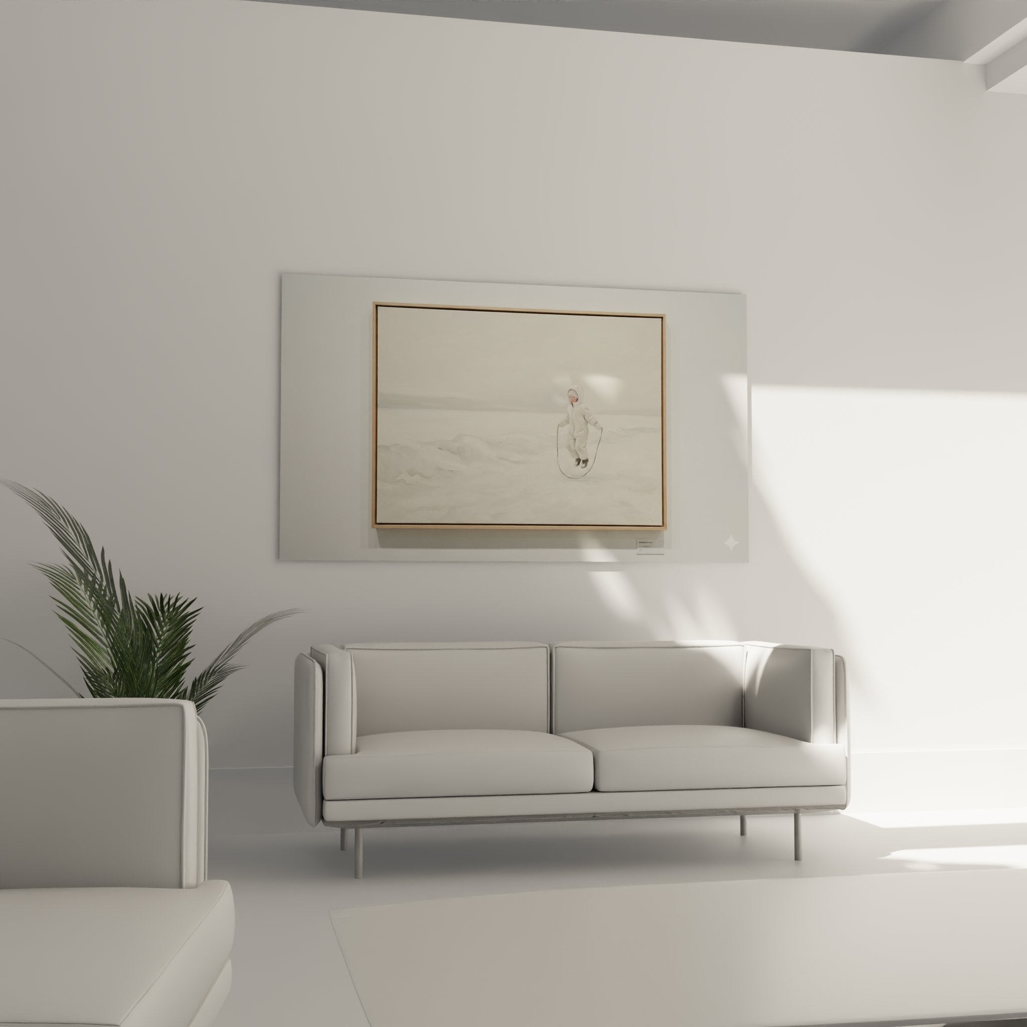 Détail tableau enfant habit blanc corde à sauter peinture minimaliste art mural décoratif hiver