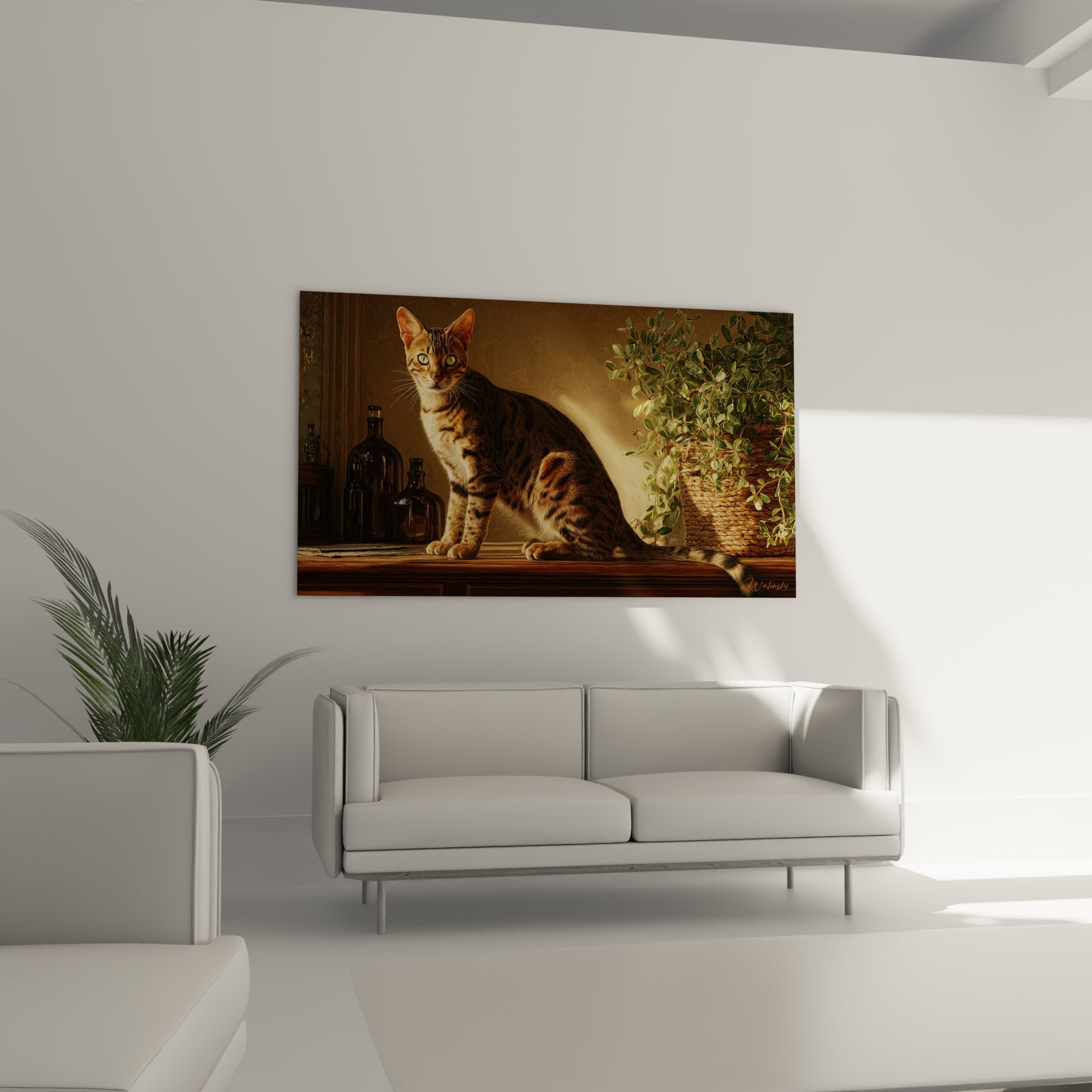 Primo piano del quadro gatto Serengeti che mostra i dettagli del mantello tabby e gli occhi verdi penetranti