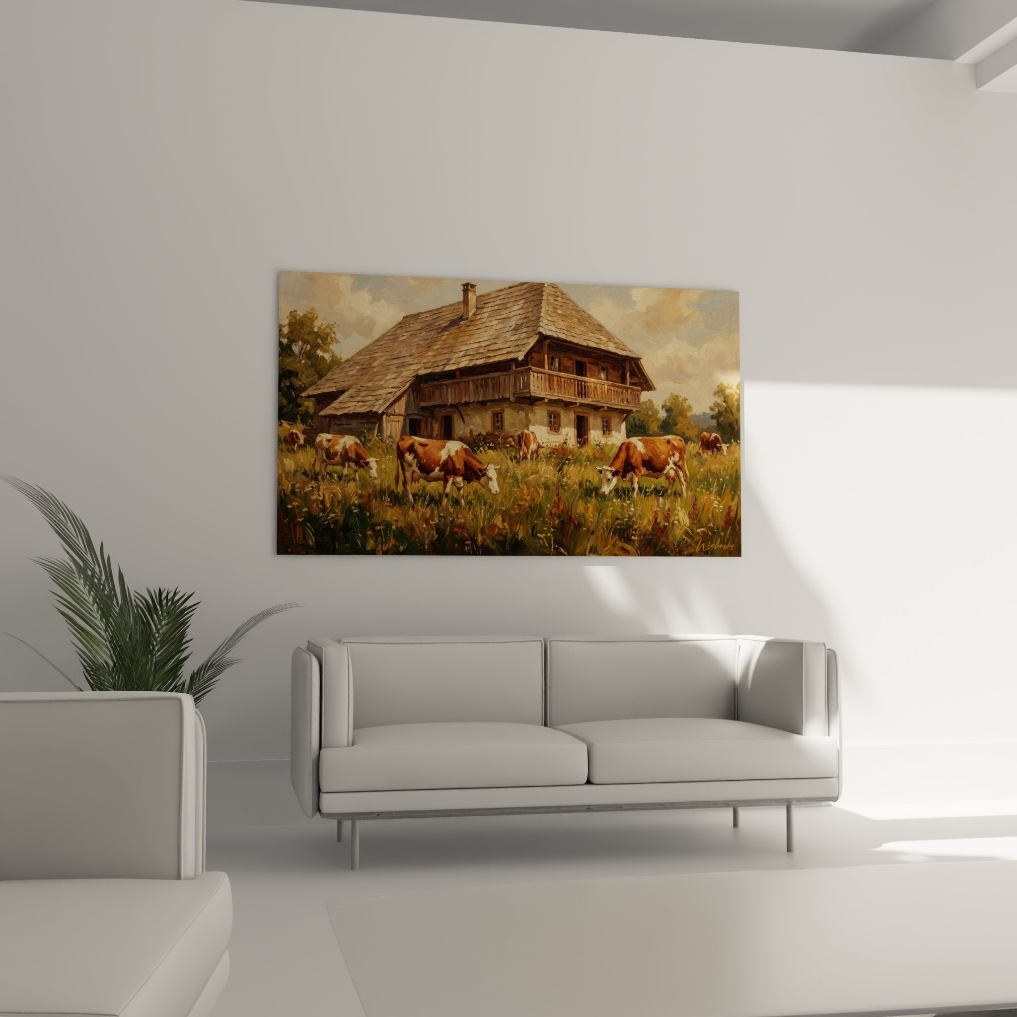 Détail du tableau montrant l'architecture vosgienne et les vaches rousses paissant dans les fleurs sauvages