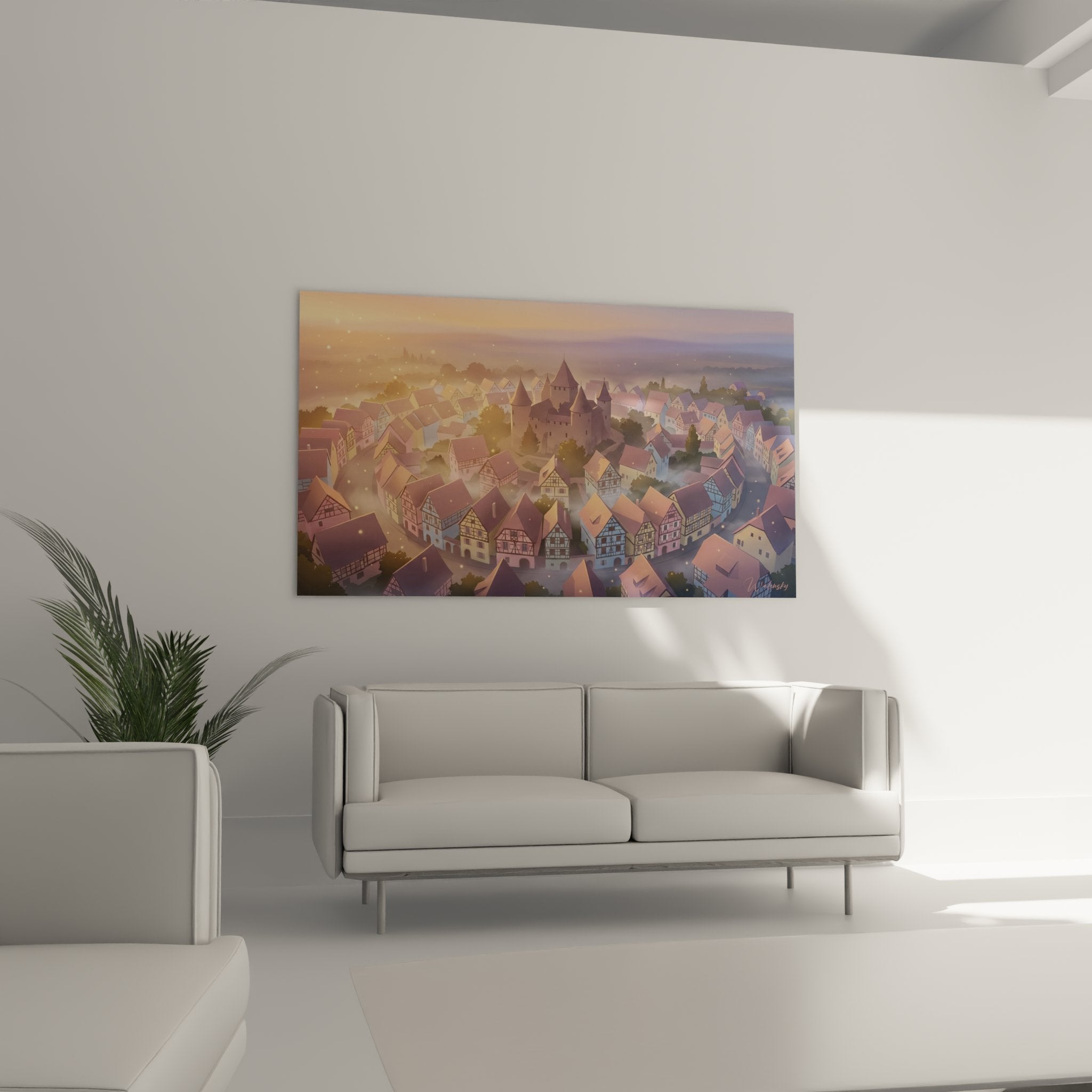 Détail tableau village Alsace montrant maisons colombages colorées et architecture médiévale authentique