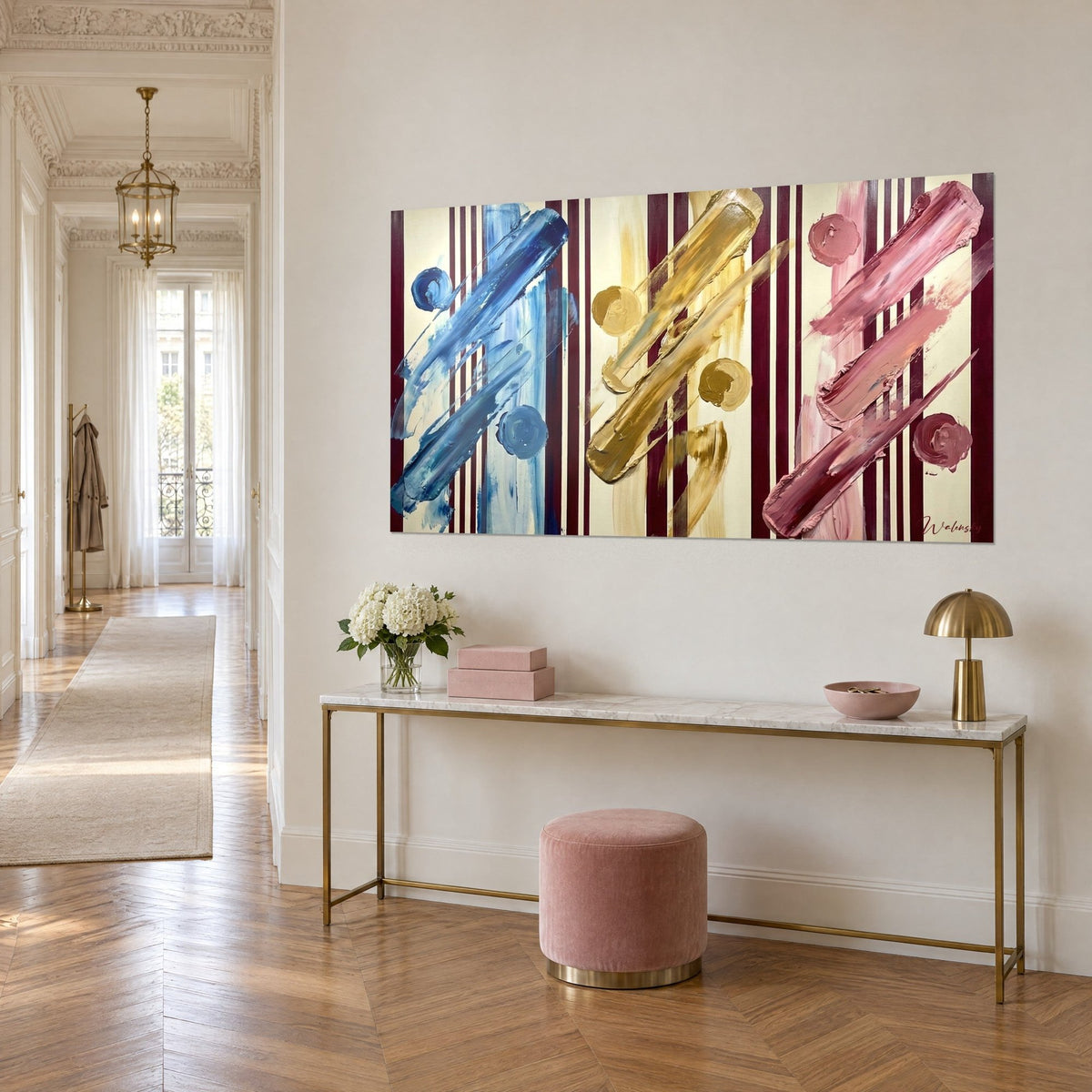 Wall art three-panel piece with striated impasto in sky blue, golden ochre and old rose, burgundy stripes, brass console, Haussmann-style hallway