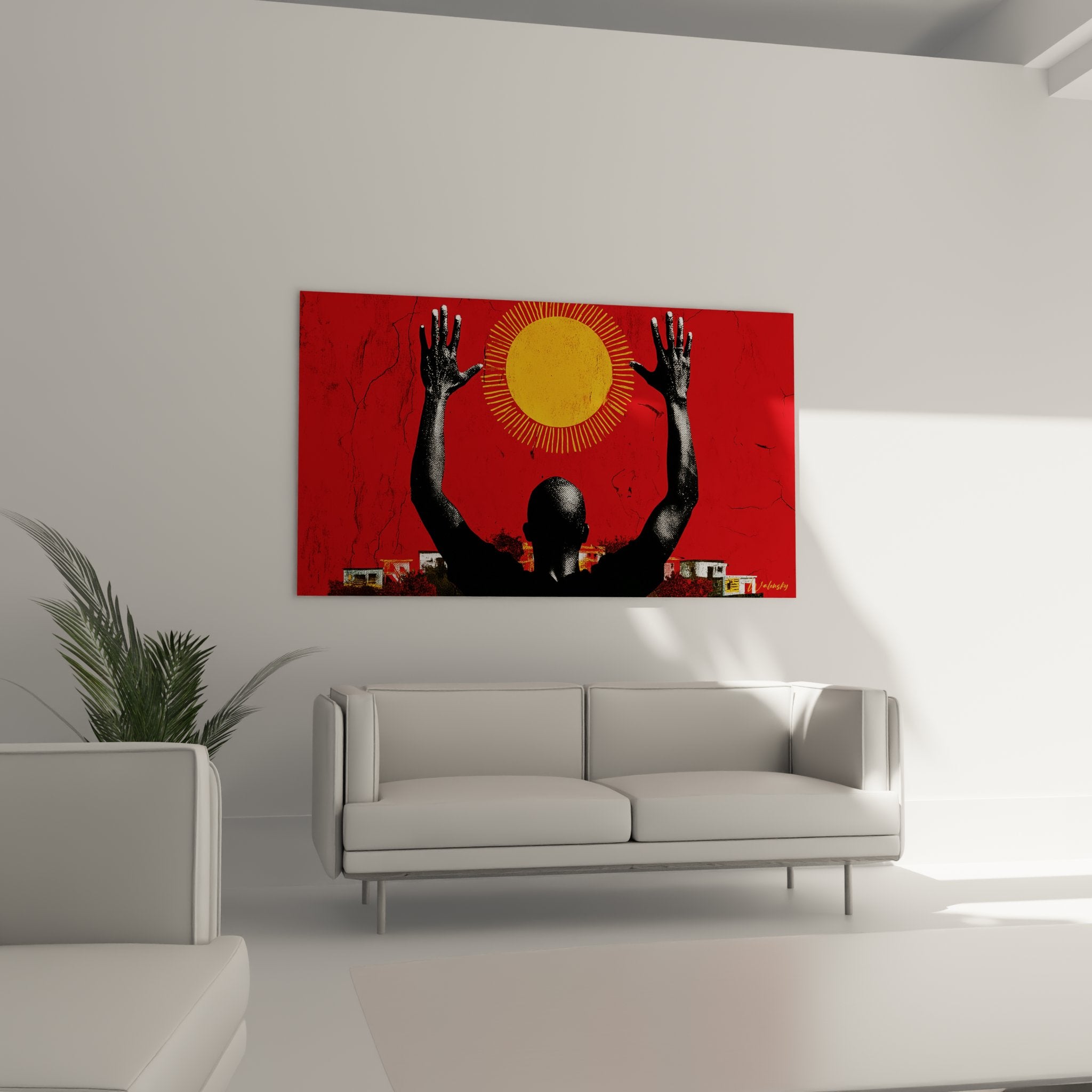 Dettaglio quadro sole africano raggi dorati sagoma nera texture screpolature arte spirituale contemporanea