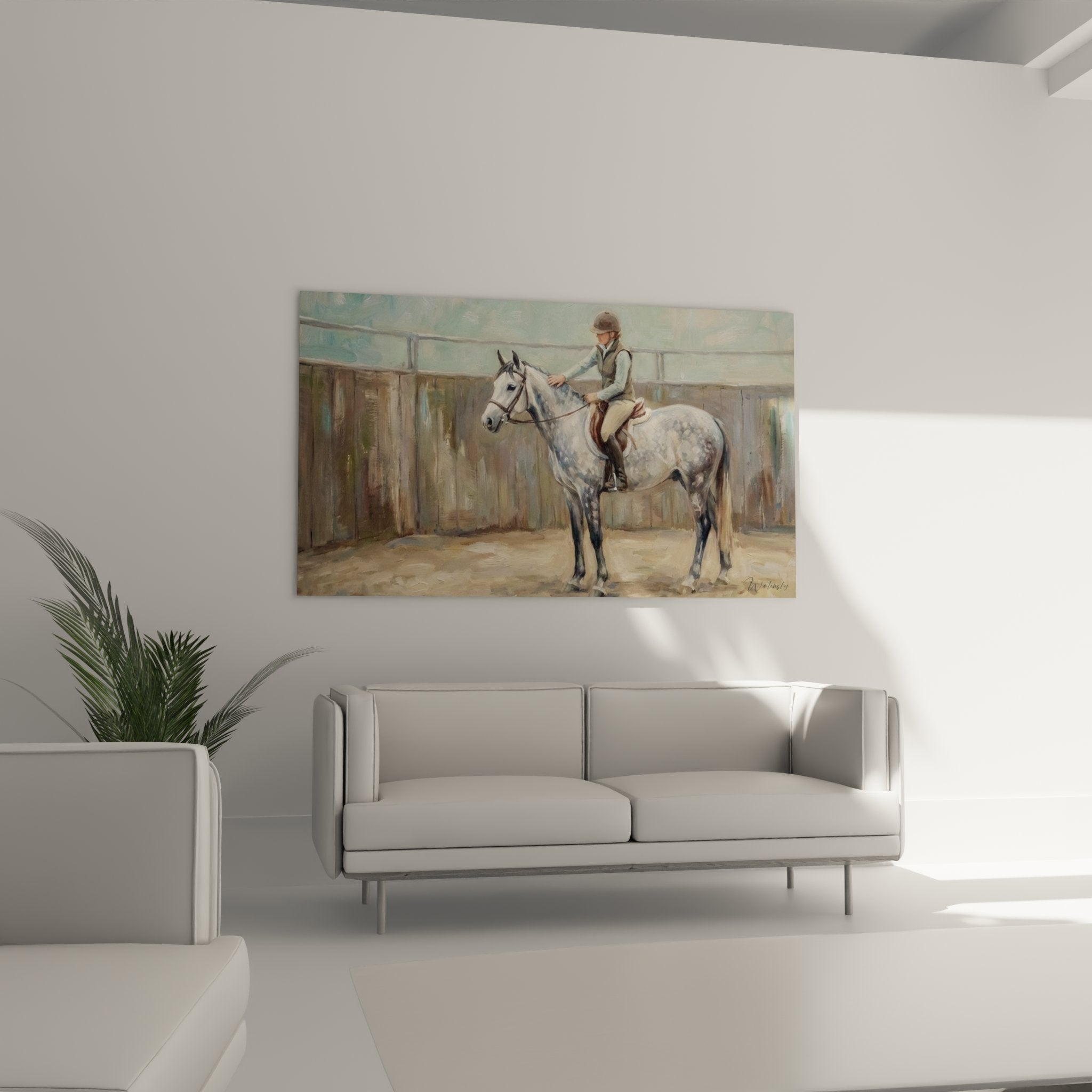 Dettaglio del quadro equestre che mostra la finezza delle sfumature grigie del cavallo e l'abbigliamento della cavallerizzo