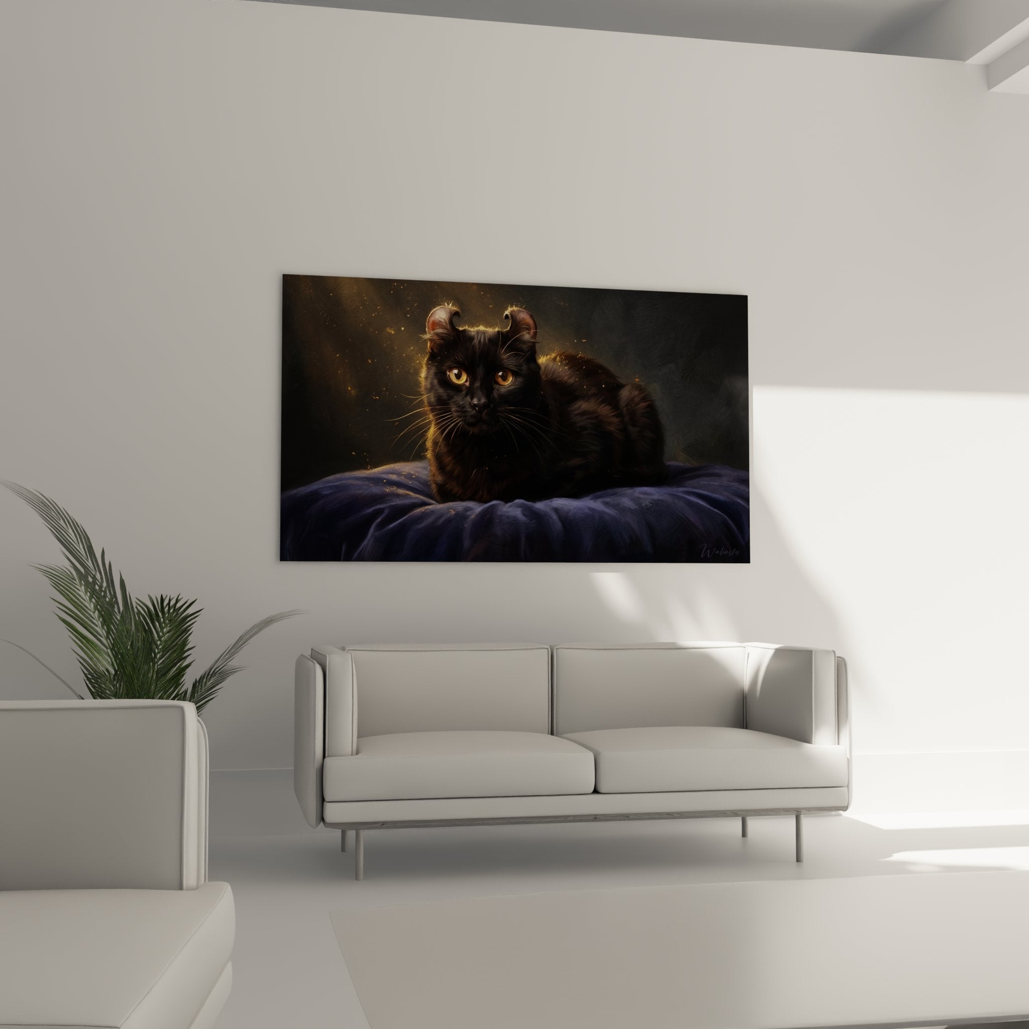 Gros plan tableau chat American Curl montrant détails oreilles courbées et yeux dorés perçants