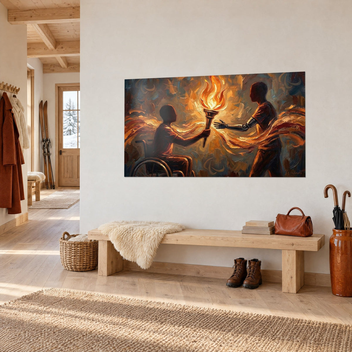 Wall art golden torch relay, wheelchair and silver bionic hand, ochre and rust, in the entrance of a chalet
