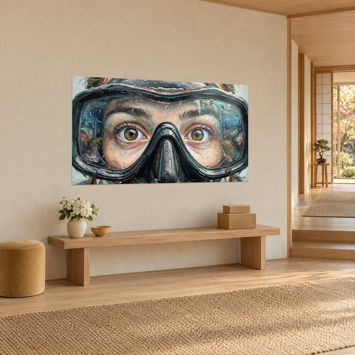 Schilderij van een duikster met hazelnootbruine ogen onder een zwart masker dat druipt van de druppels, turquoise en koraalkleurige reflecties, driekwartaanzicht