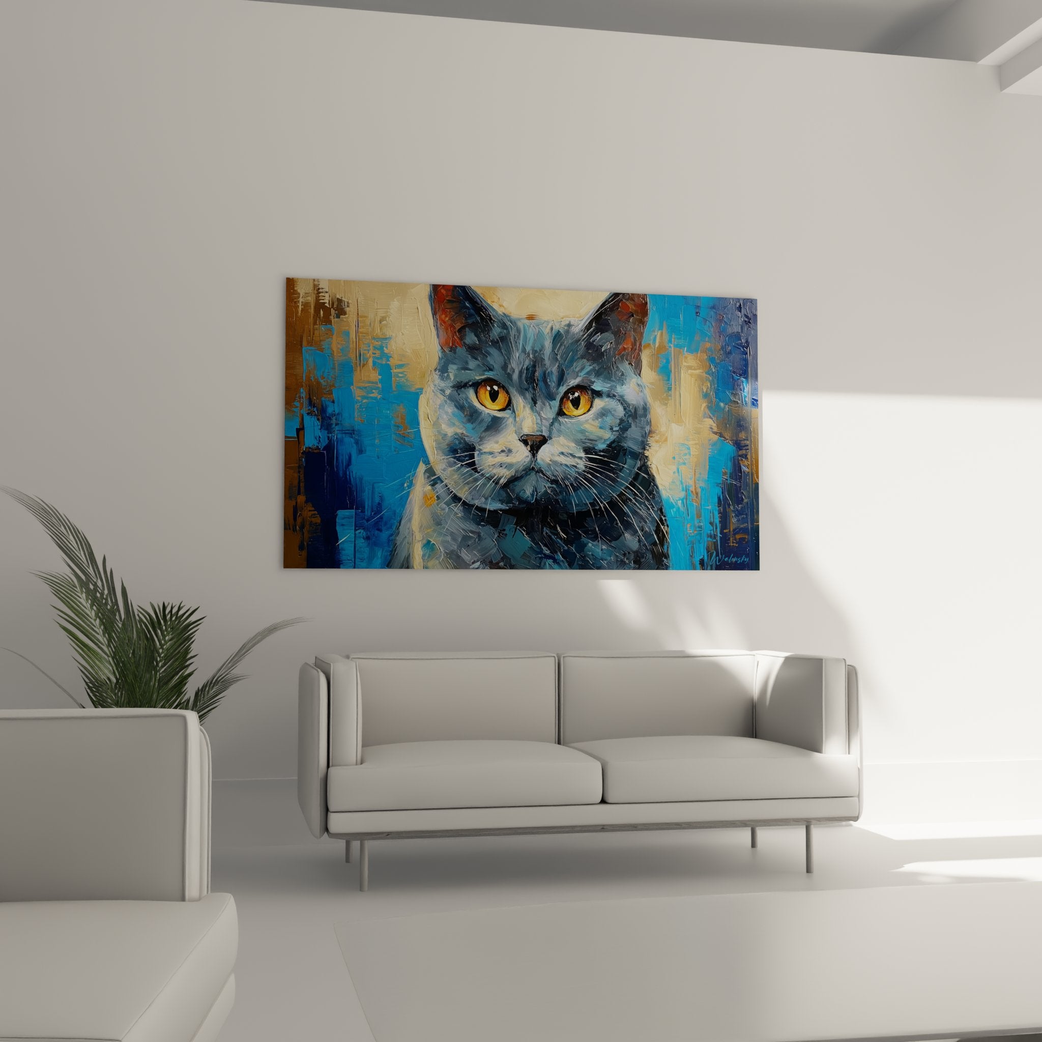 Détail peinture chat Chartreux, technique picturale texturée, regard intense aux yeux ambrés, art félin moderne